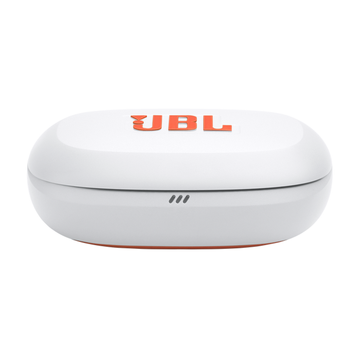 Białe etui ładujące JBL z pomarańczowym logo i akcentami.