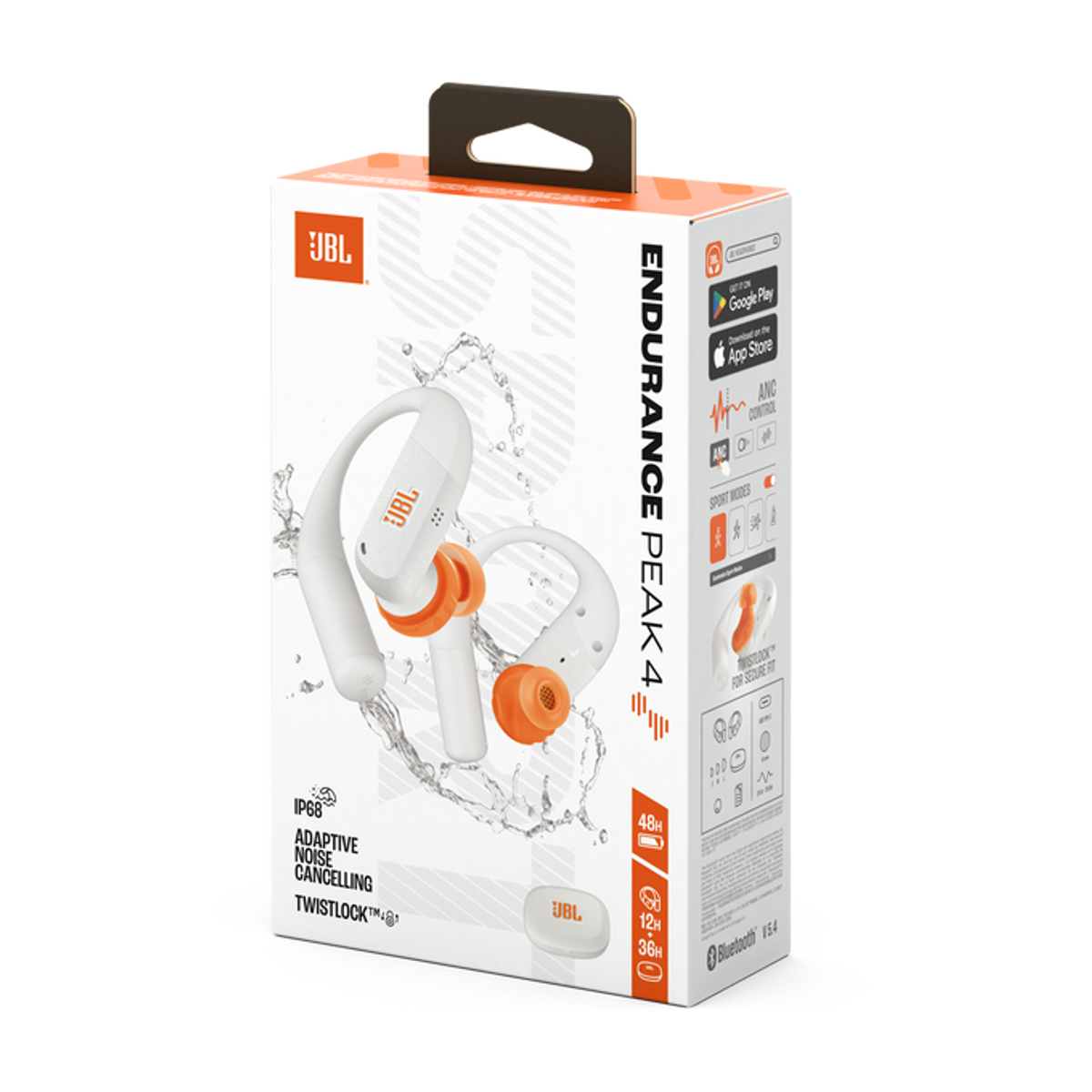Opakowanie słuchawek JBL Endurance Peak 4 z białymi i pomarańczowymi akcentami.