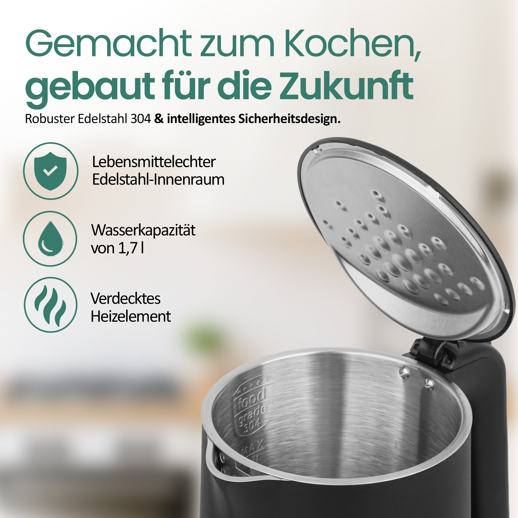 Ein offener, schwarzer Wasserkocher aus Edelstahl mit Details zu Lebensmittelsicherheit.