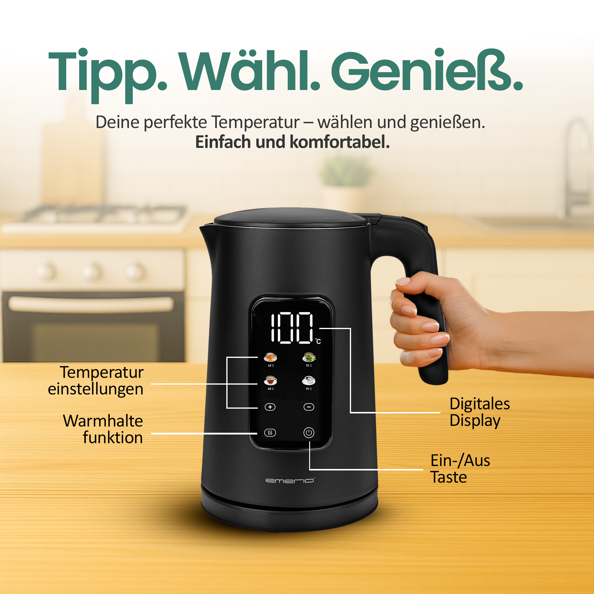 Schwarzer Wasserkocher mit digitalem Display, zeigt 100°C an.