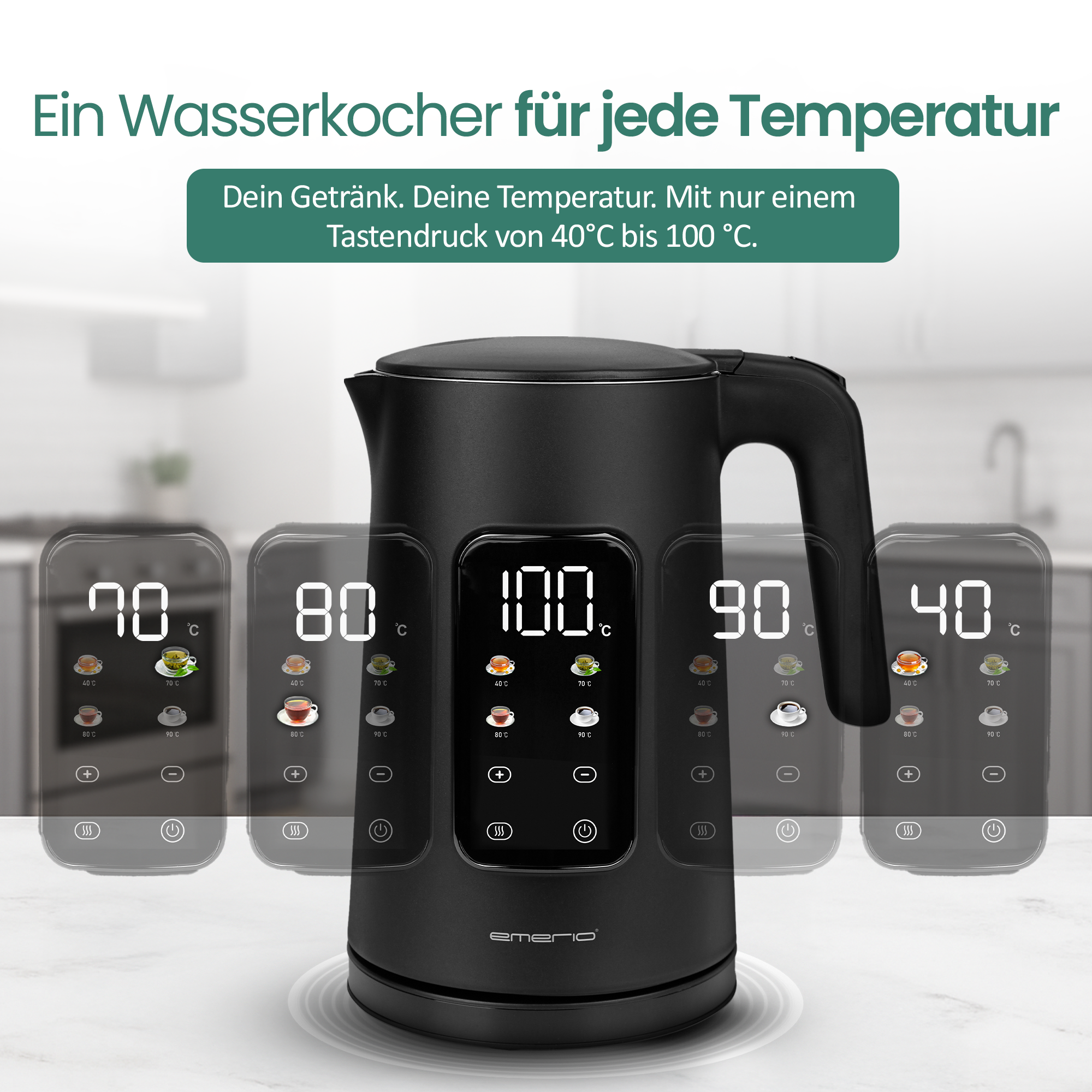 Schwarzer Wasserkocher mit digitaler Anzeige von Temperaturen 40-100°C.