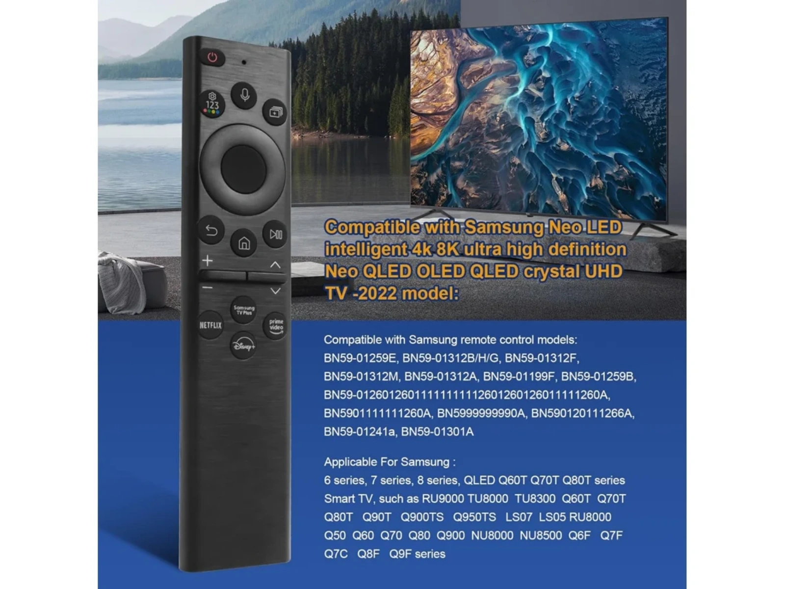 Schwarzer Samsung TV-Fernbedienung mit Tasten für Netflix, Disney+. Im Hintergrund ein TV.