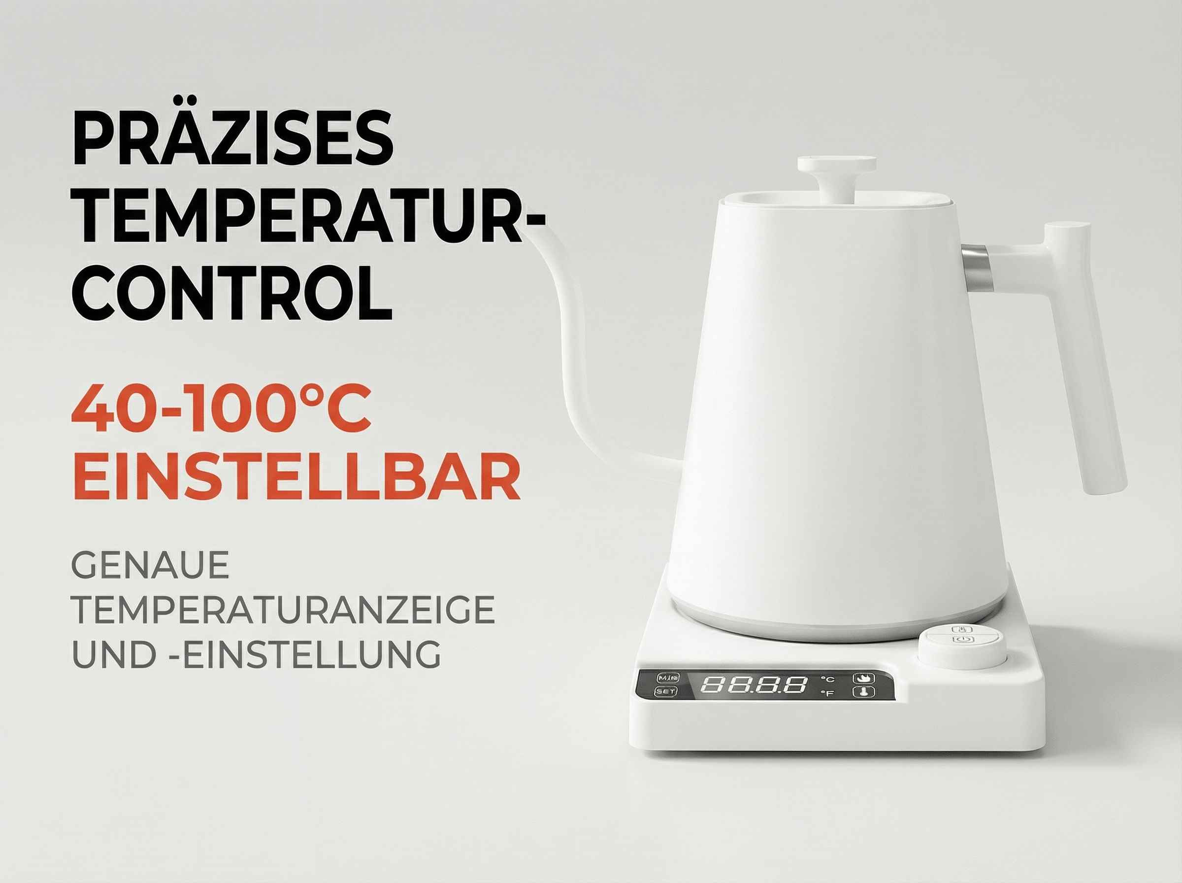 Weiße Teekanne mit präziser Temperaturkontrolle und digitaler Anzeige.