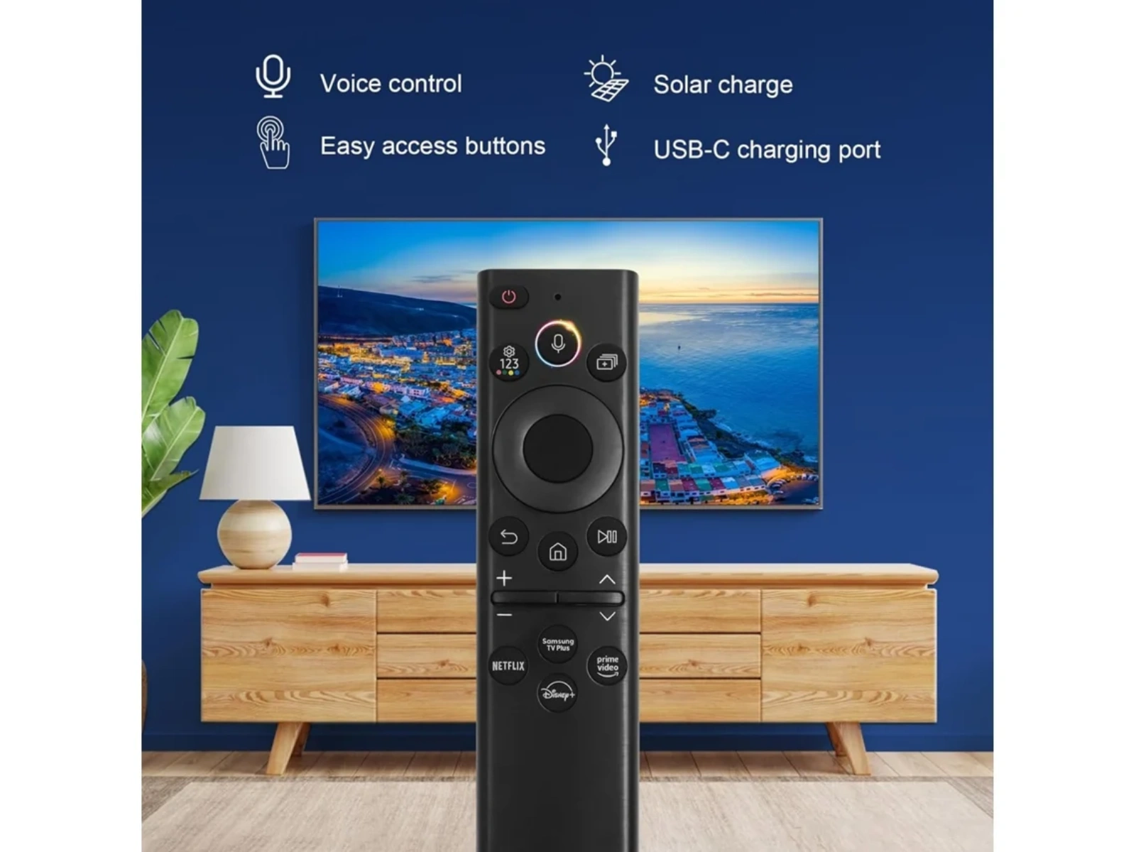 Eine schwarze TV-Fernbedienung mit Tasten für Sprachsteuerung, Solarladung und USB-C.