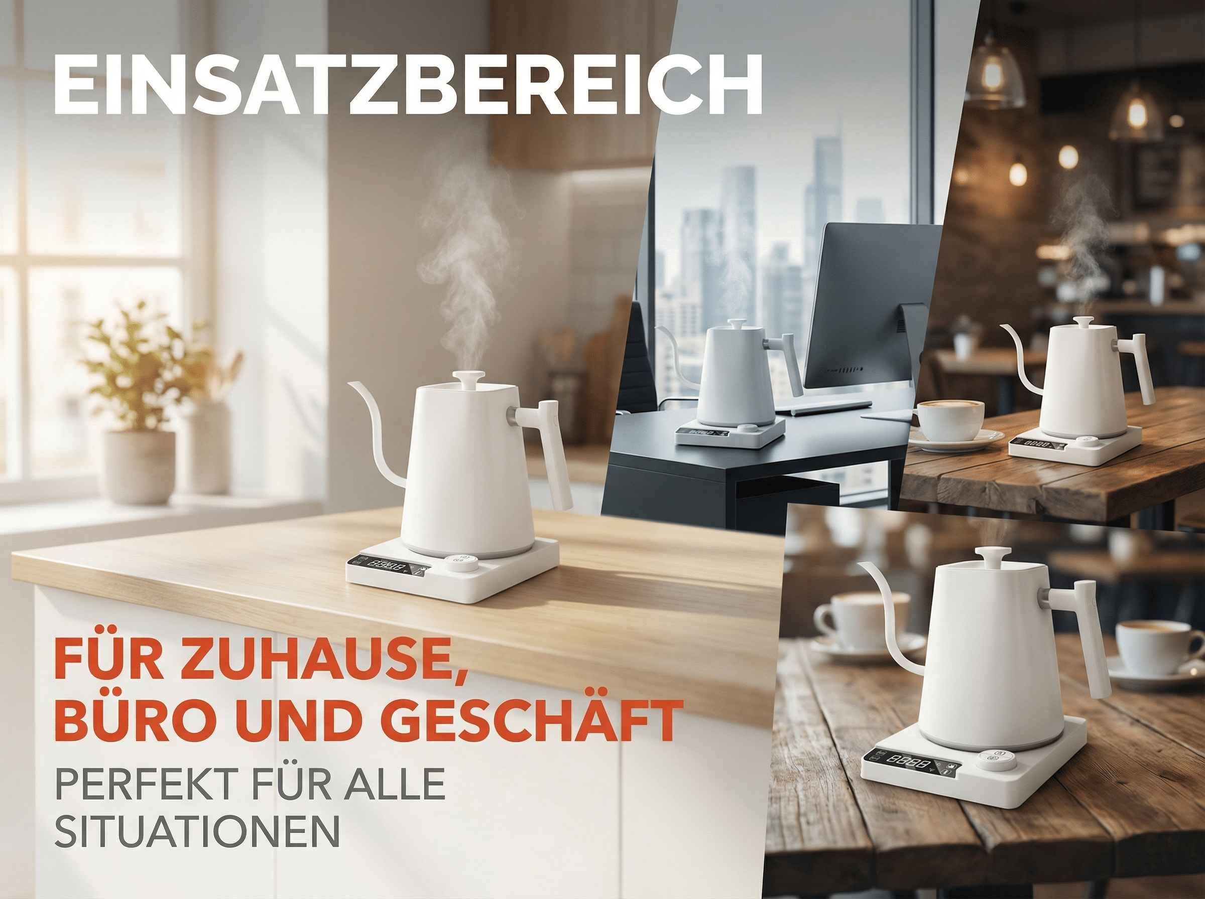 Weiße Wasserkocher mit Dampf in verschiedenen Umgebungen: Küche, Büro, Café.