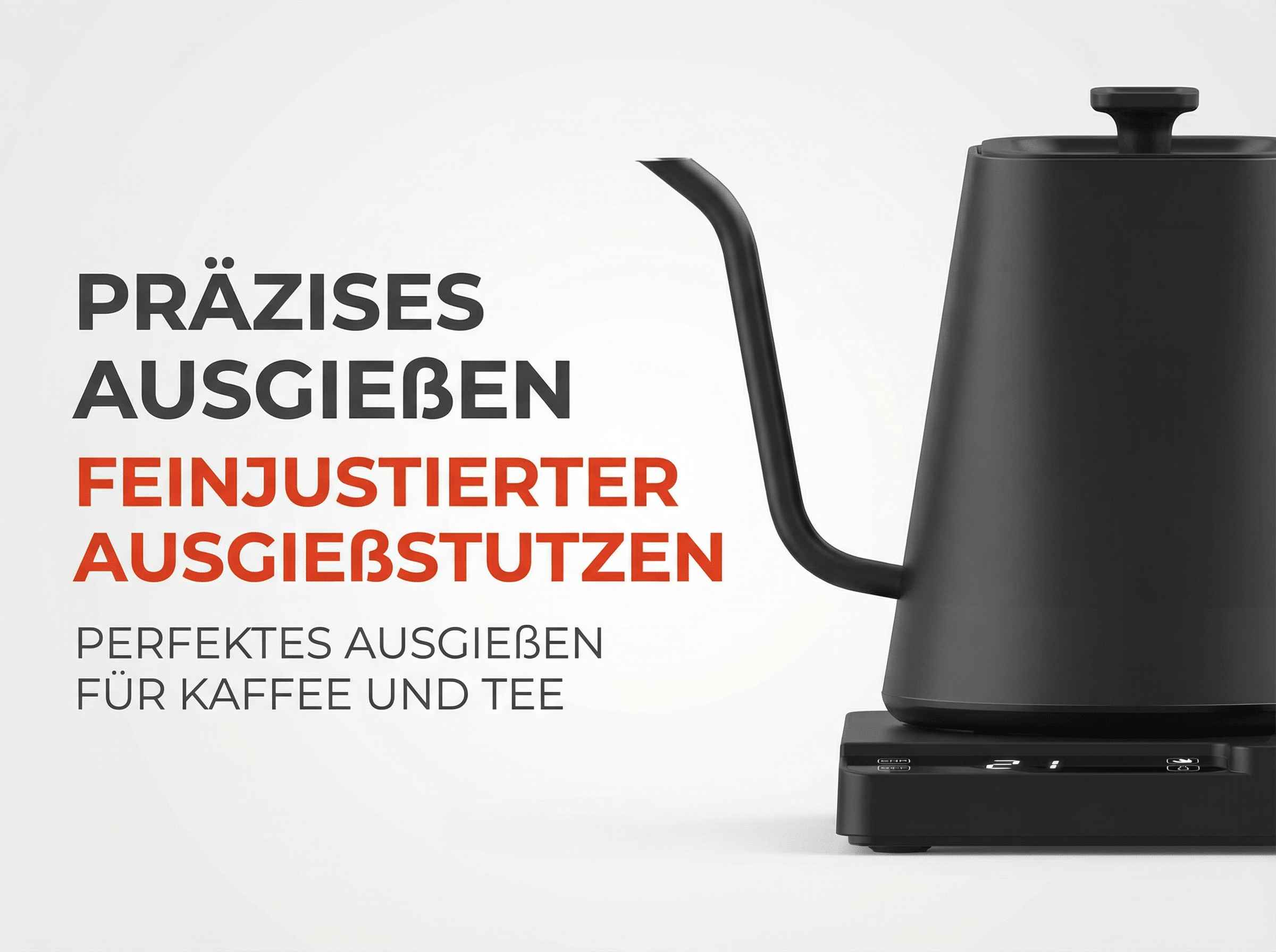 Schwarzer Wasserkocher mit Schwanenhals auf einer schwarzen Basis mit Digitalanzeige.