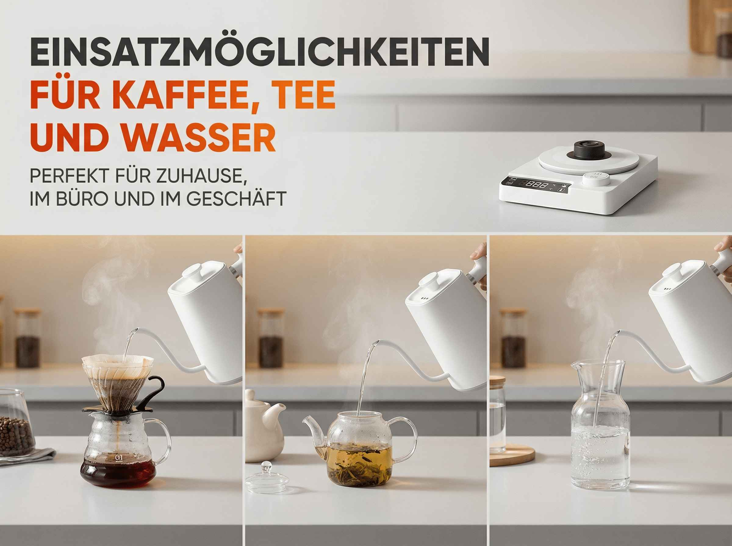 Ein weißer Wasserkocher gießt heißes Wasser in einen Kaffeefilter, eine Teekanne und ein Glas.