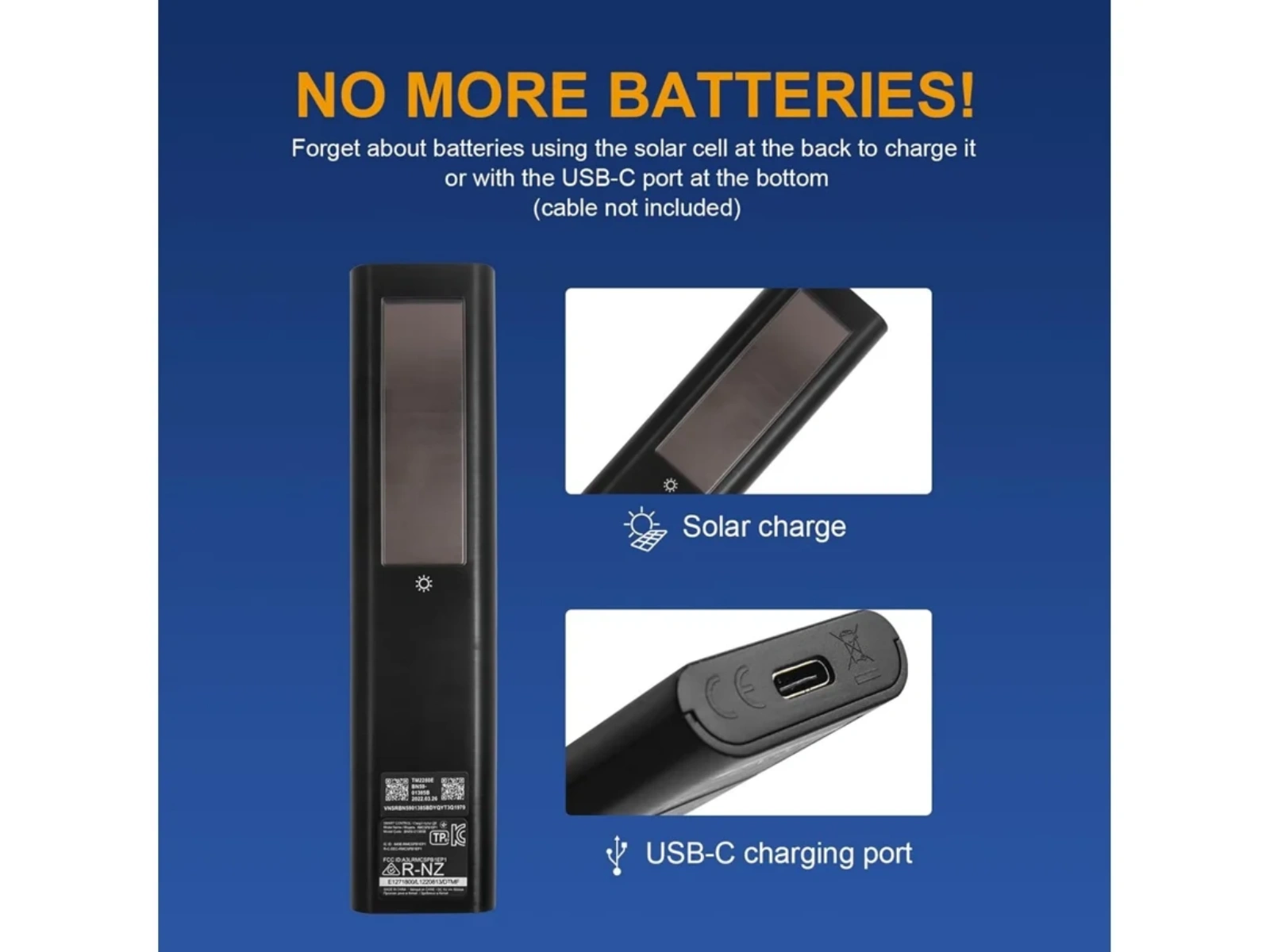 Schwarzes Gerät mit Solarpanel und USB-C-Anschluss. Text: Keine Batterien mehr!