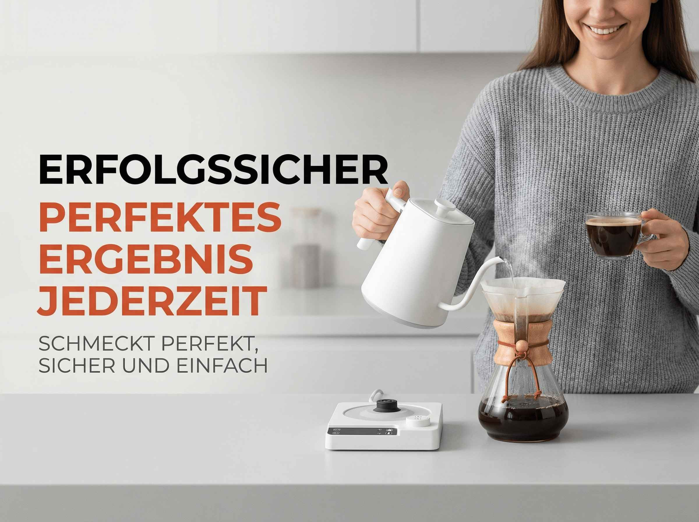 Eine Person gießt Wasser aus einem weißen Wasserkocher in einen Kaffeezubereiter.