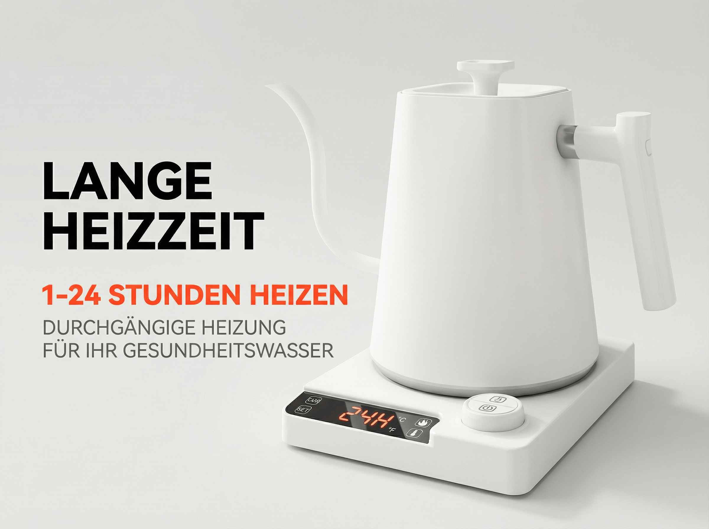 Weier Wasserkocher auf einer Waage mit digitaler Anzeige.