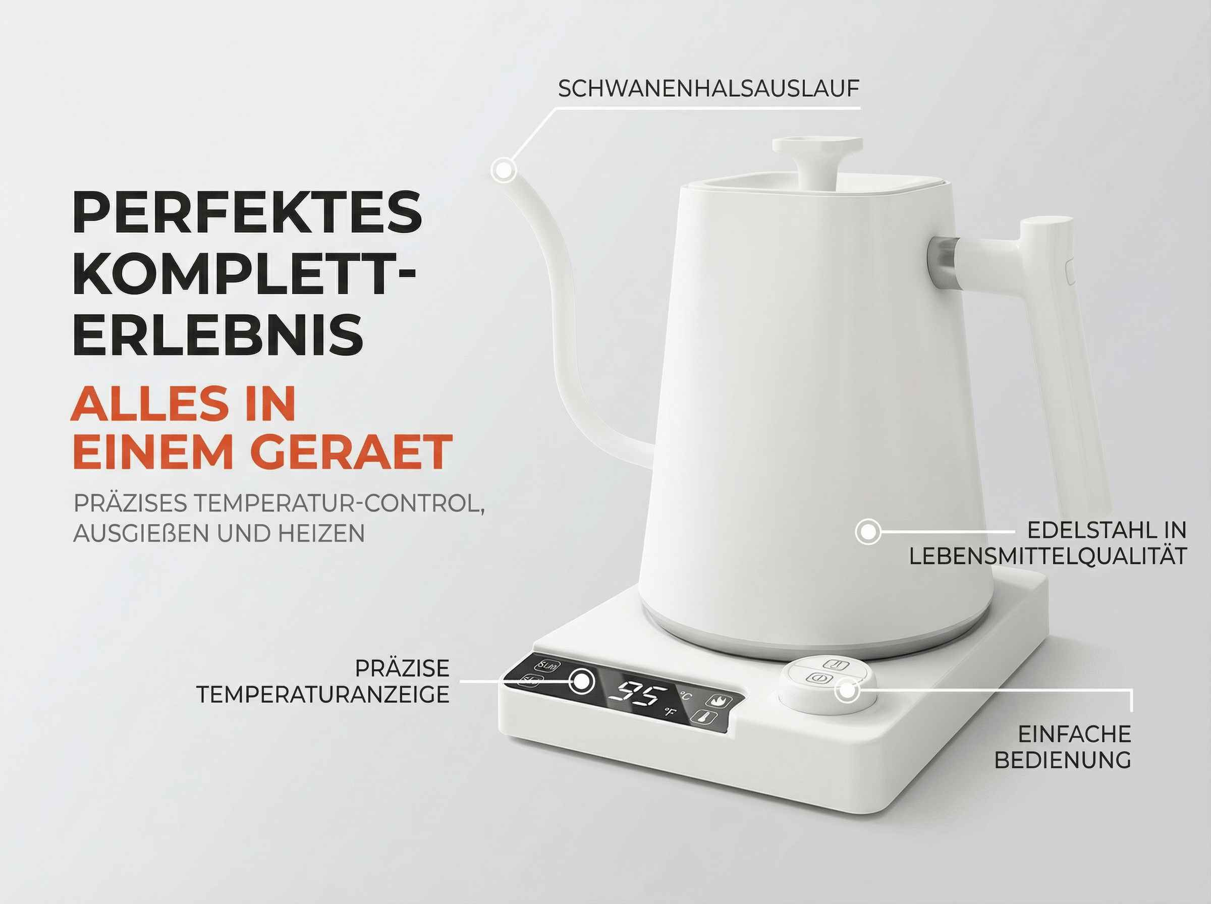 Eine weiße Teekanne mit Schwanenhalsauslauf auf einer Basis mit digitaler Temperaturanzeige.