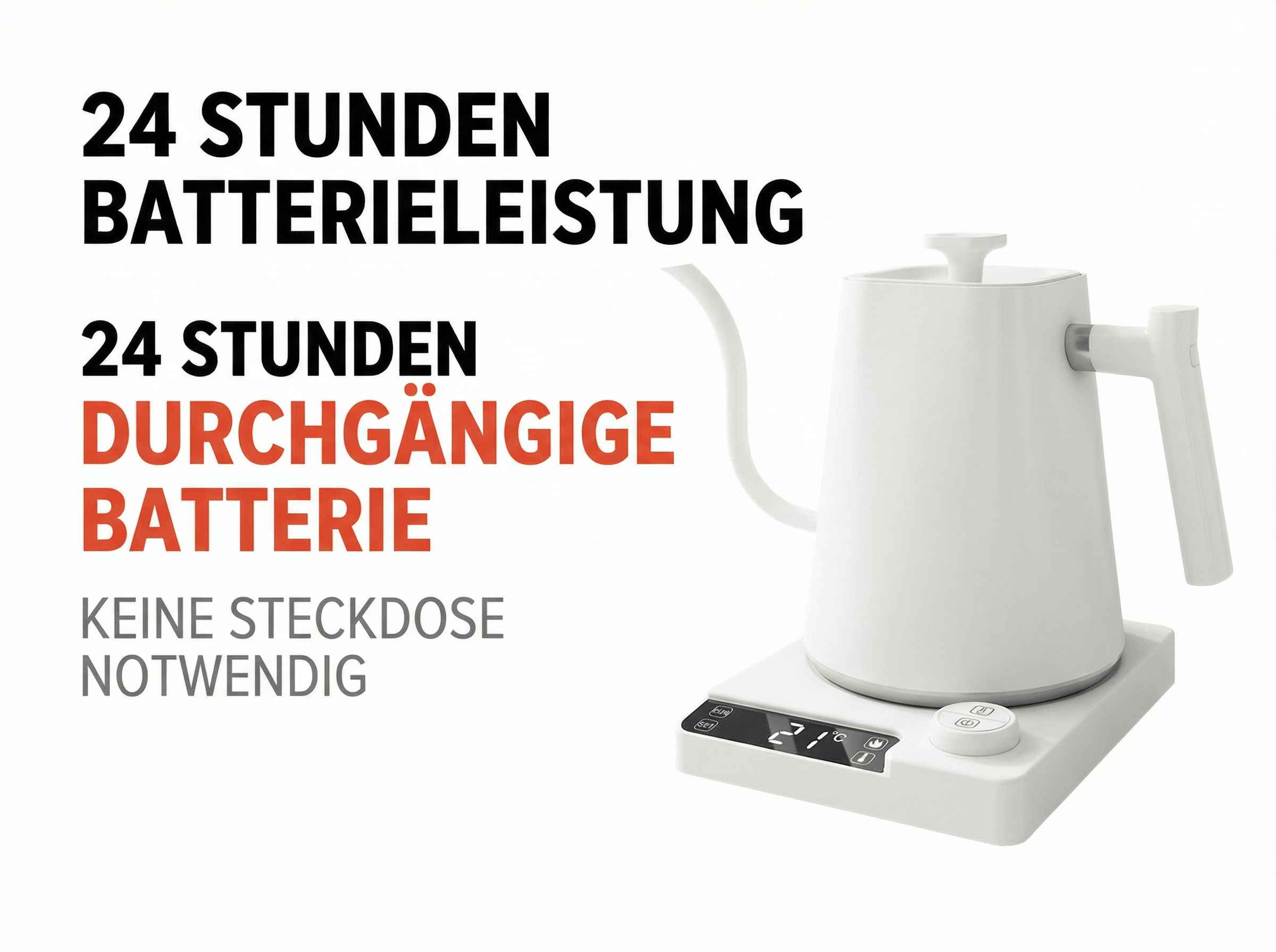 Weiße Teekanne auf Ladestation mit Digitalanzeige. 24h Akkulaufzeit.