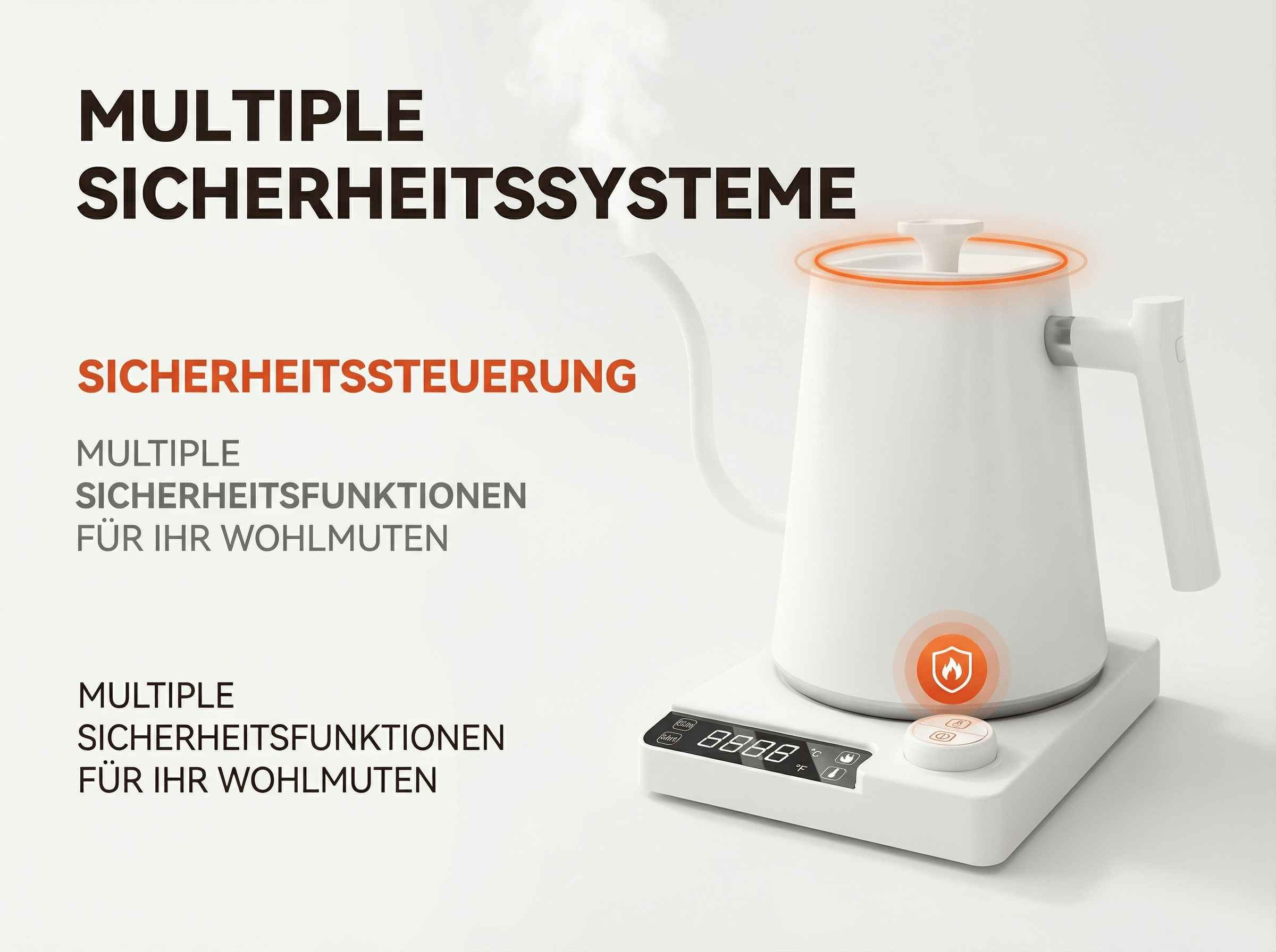 Weiße Wasserkocher mit digitaler Anzeige und Sicherheitssymbolen auf weißem Hintergrund.