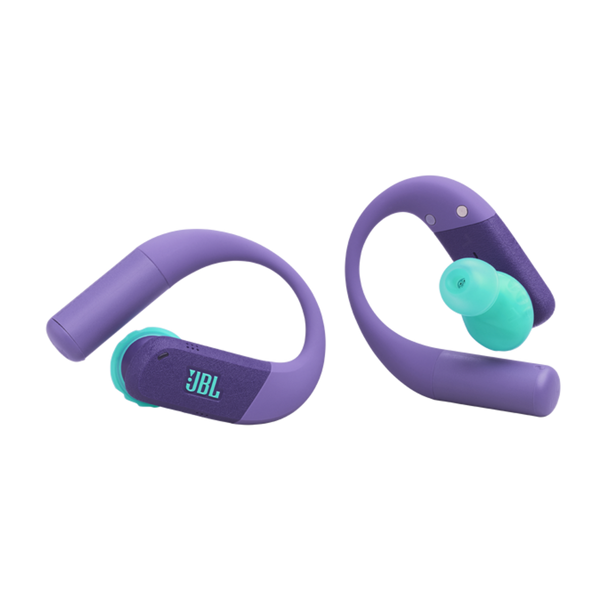 Fioletowe słuchawki z turkusowymi końcówkami i logo JBL.