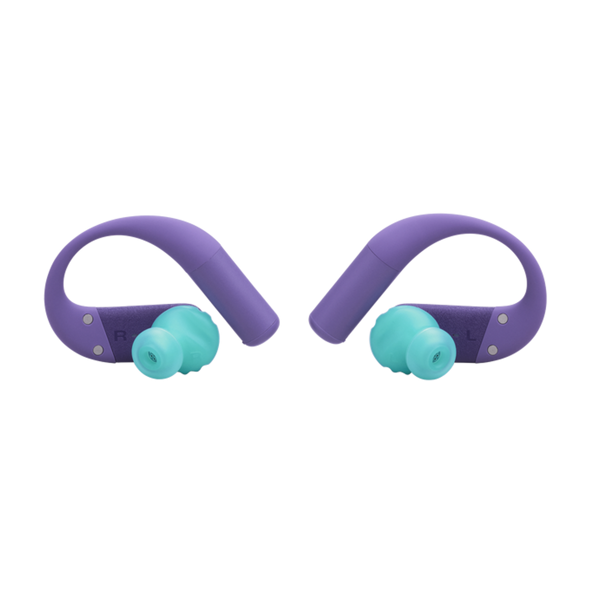 Fioletowe słuchawki z pałąkiem na ucho i turkusowymi wkładkami, oznaczone R i L.