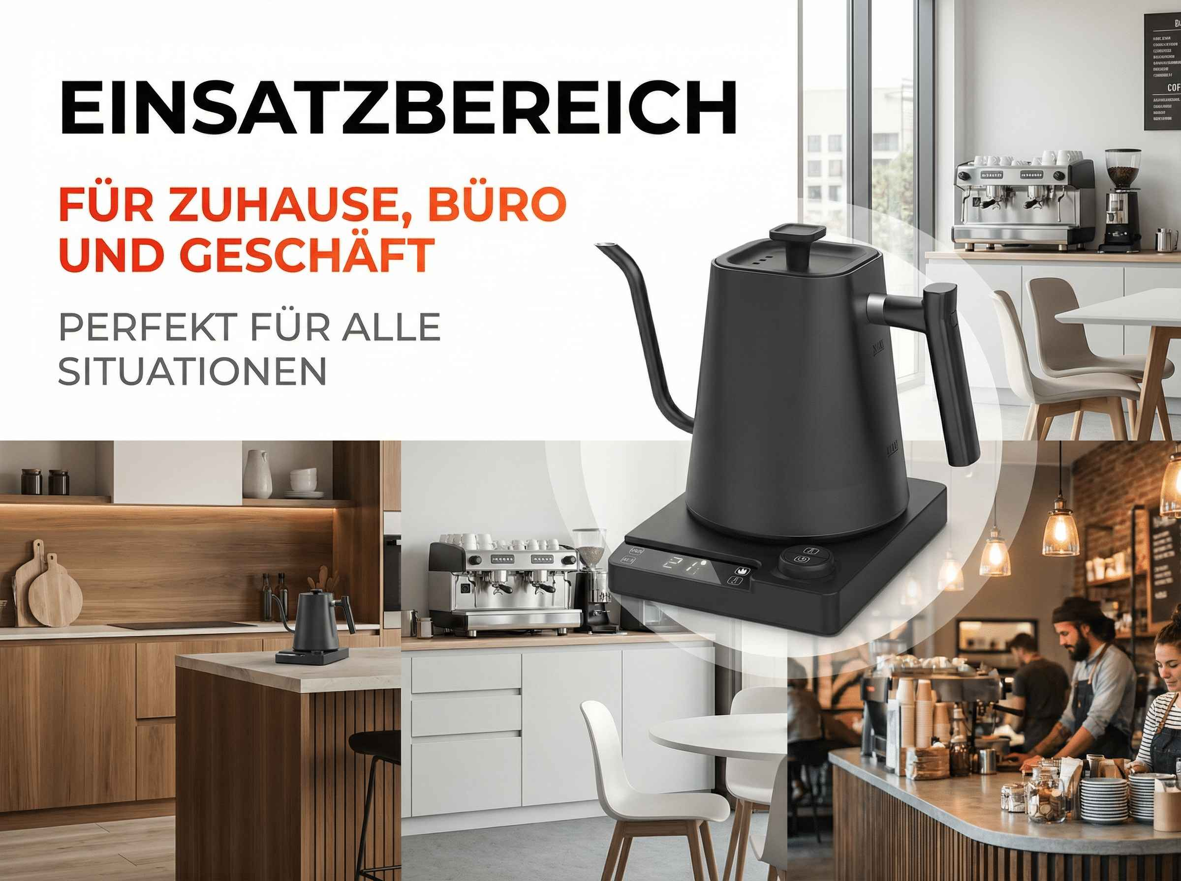 Ein schwarzer Wasserkocher steht auf einer Waage vor Kaffeemaschinen und Text.