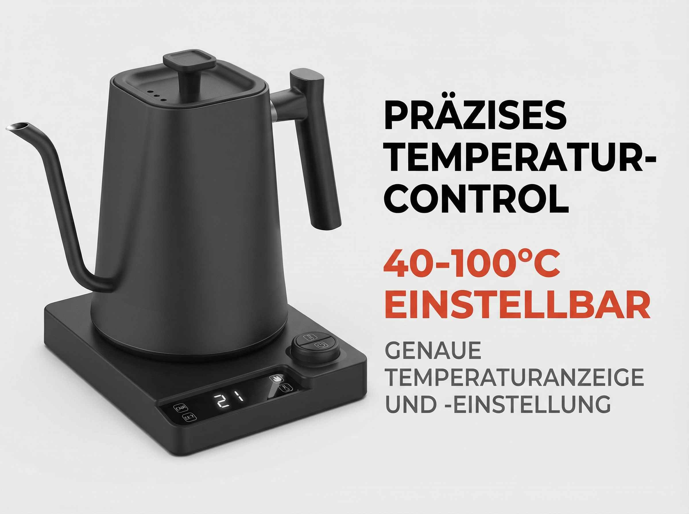 Schwarzer Wasserkocher mit präziser Temperaturkontrolle, 40-100°C einstellbar.