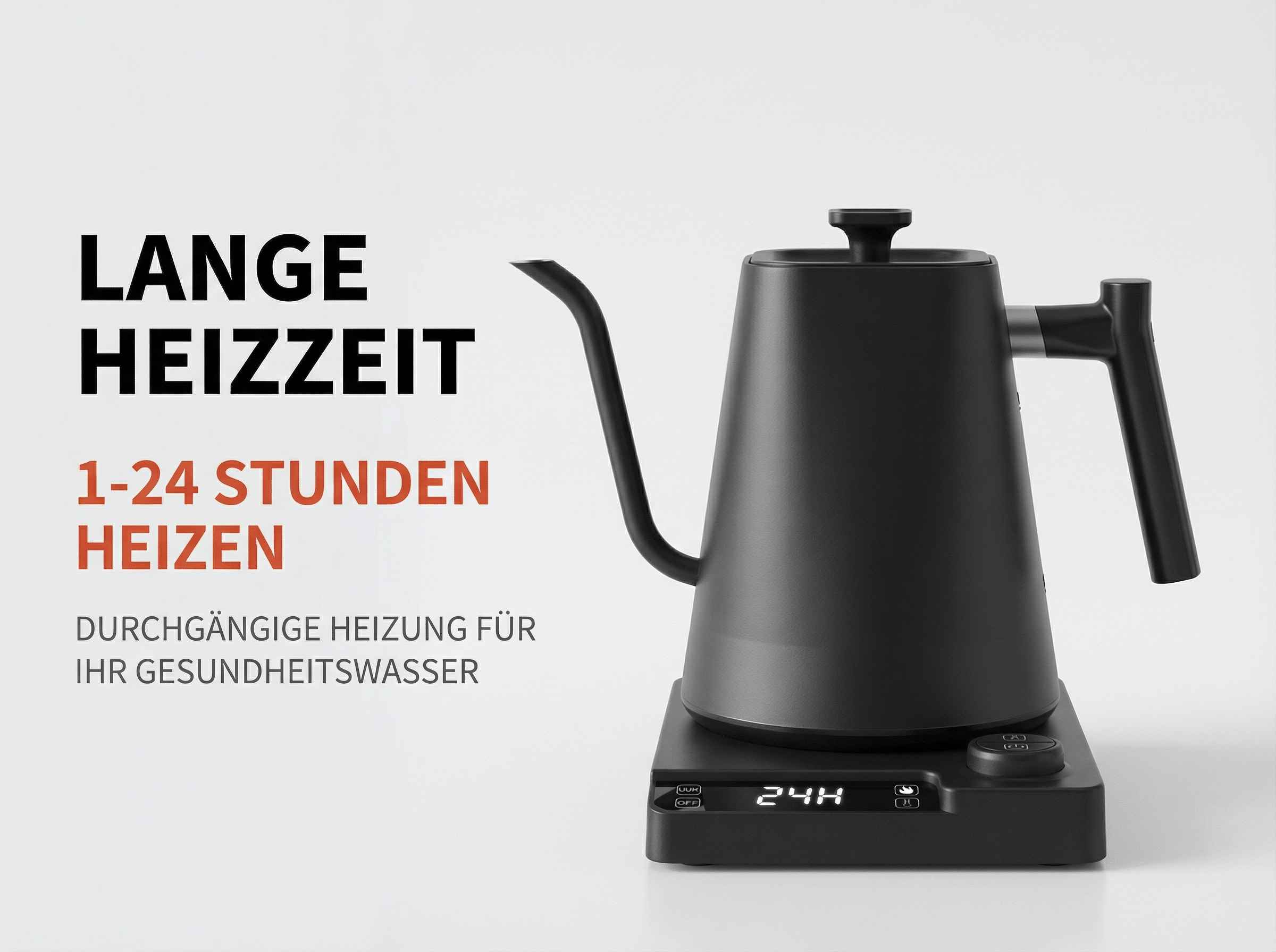 Schwarzer Wasserkocher auf Basis mit digitaler Anzeige 24H.