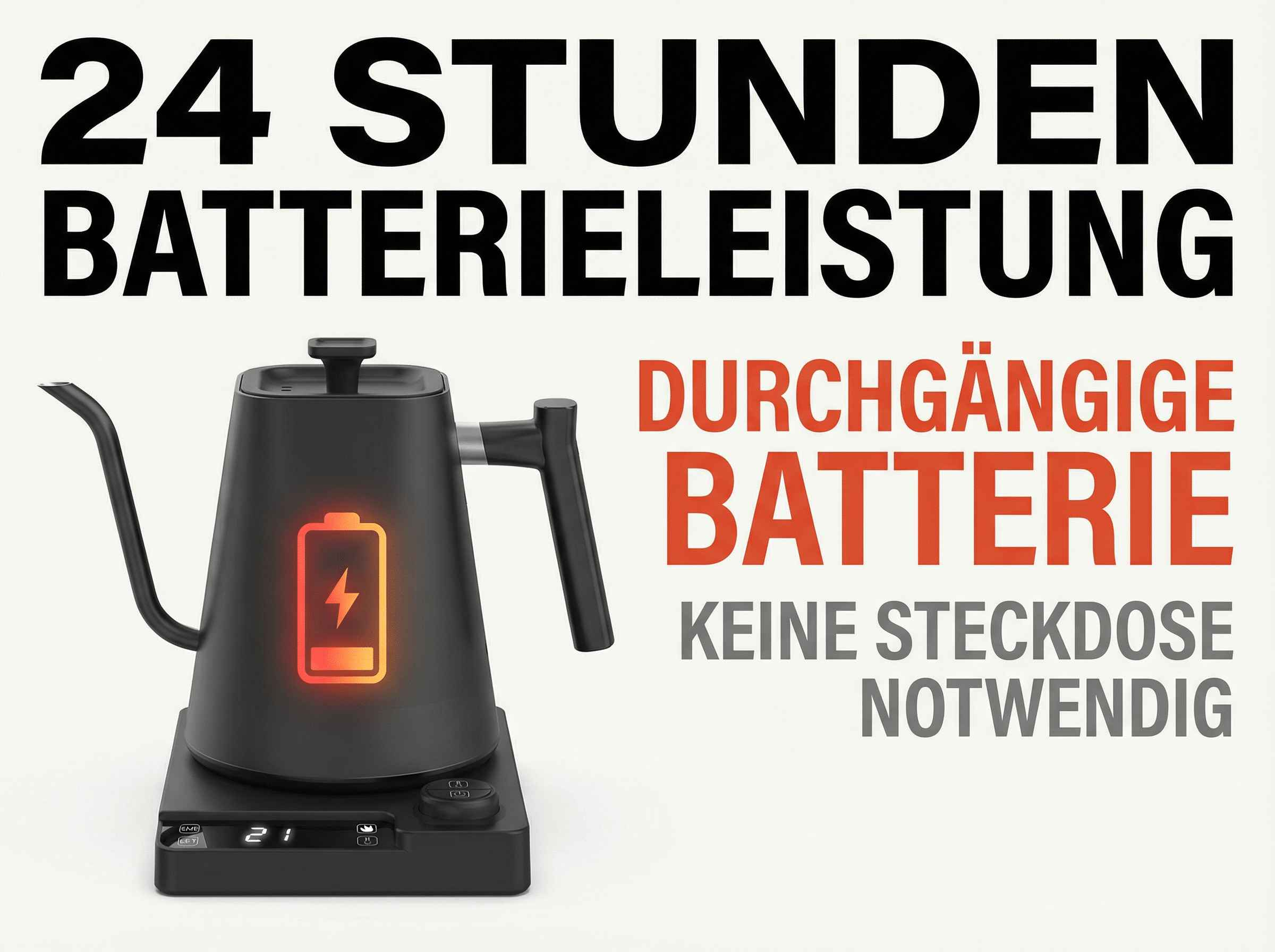 Schwarzer Wasserkocher mit Akkustandanzeige und Text "24 Stunden Batterieleistung".