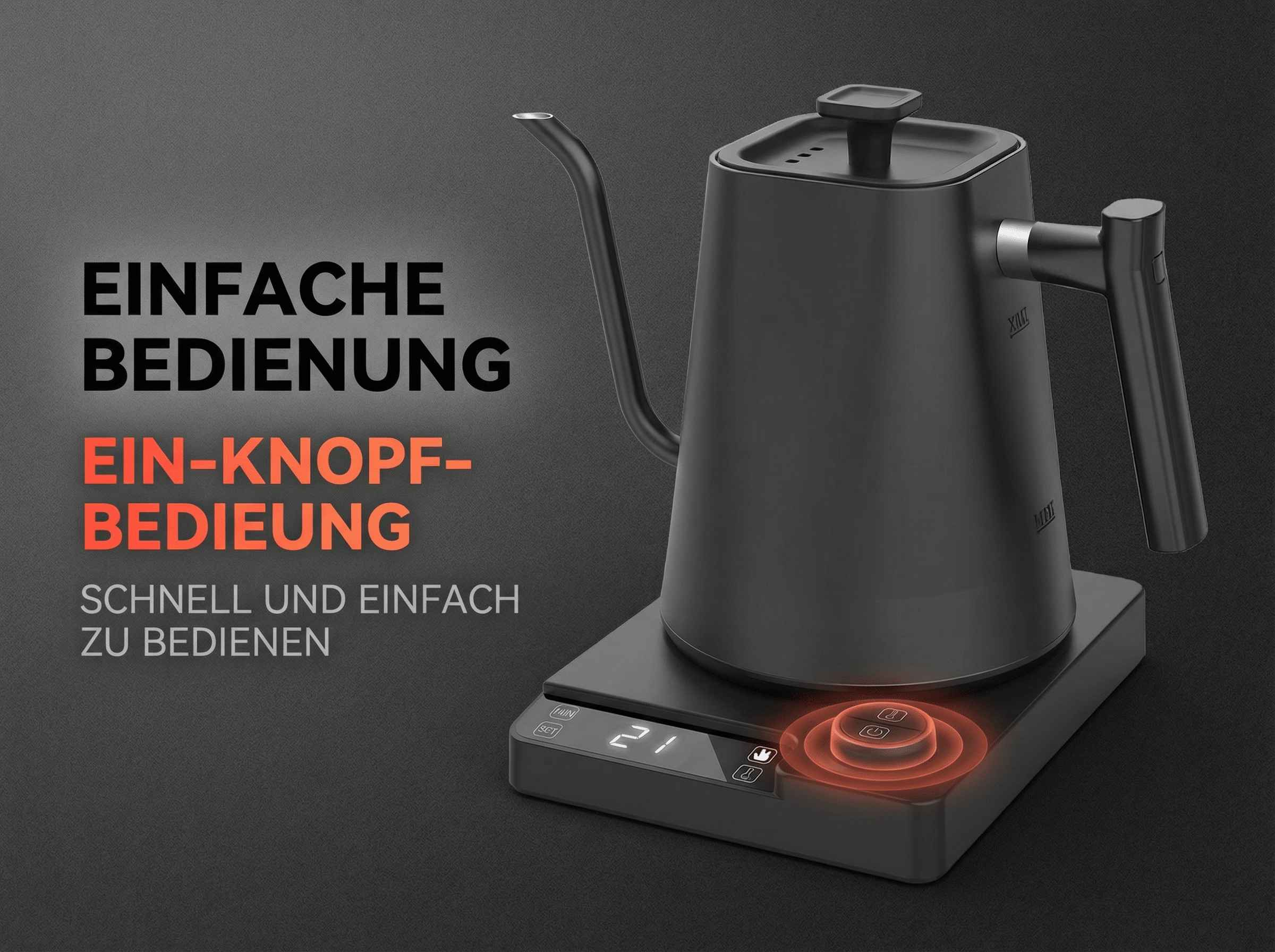 Schwarzer Wasserkocher auf einer digitalen Waage mit Text.