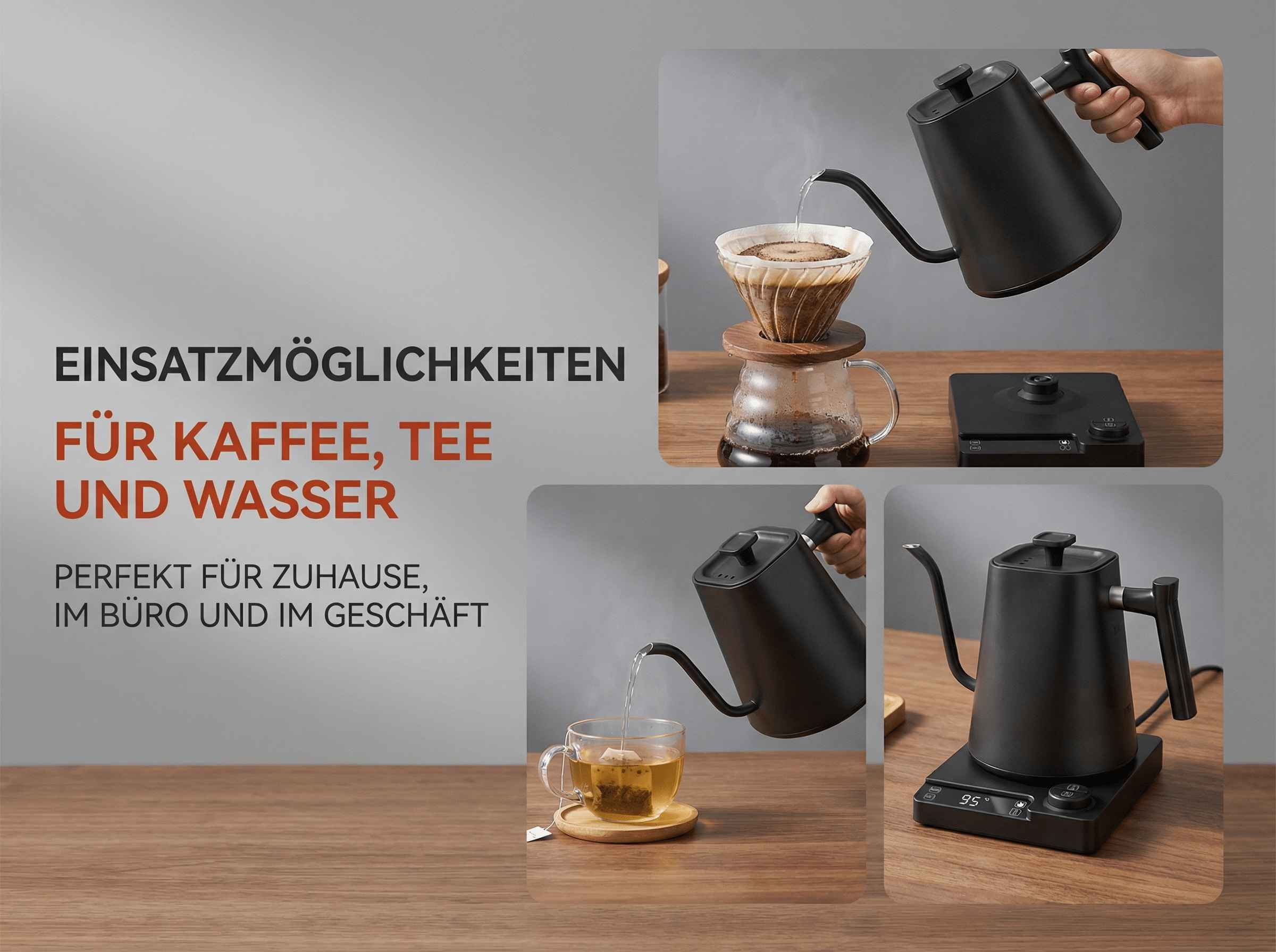 Schwarzer Wasserkocher brüht Kaffee und Tee auf einem Holztisch.