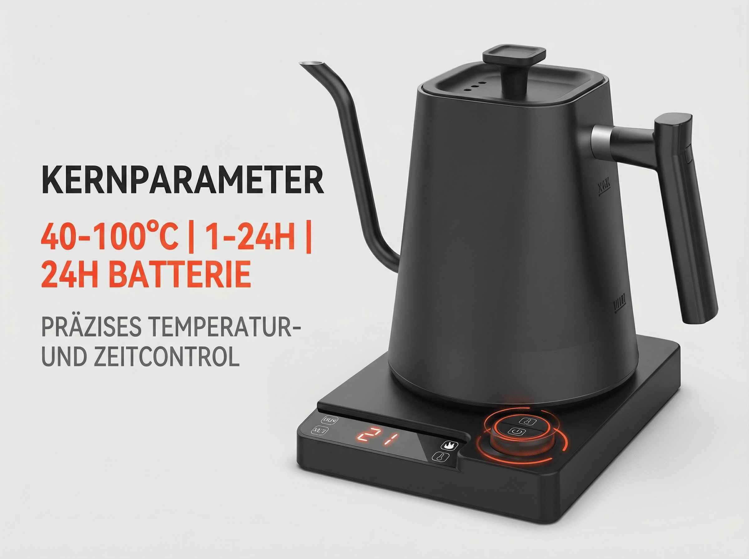 Schwarzer Wasserkocher mit Schwanenhals auf einer digitalen Basis mit Temperaturanzeige.