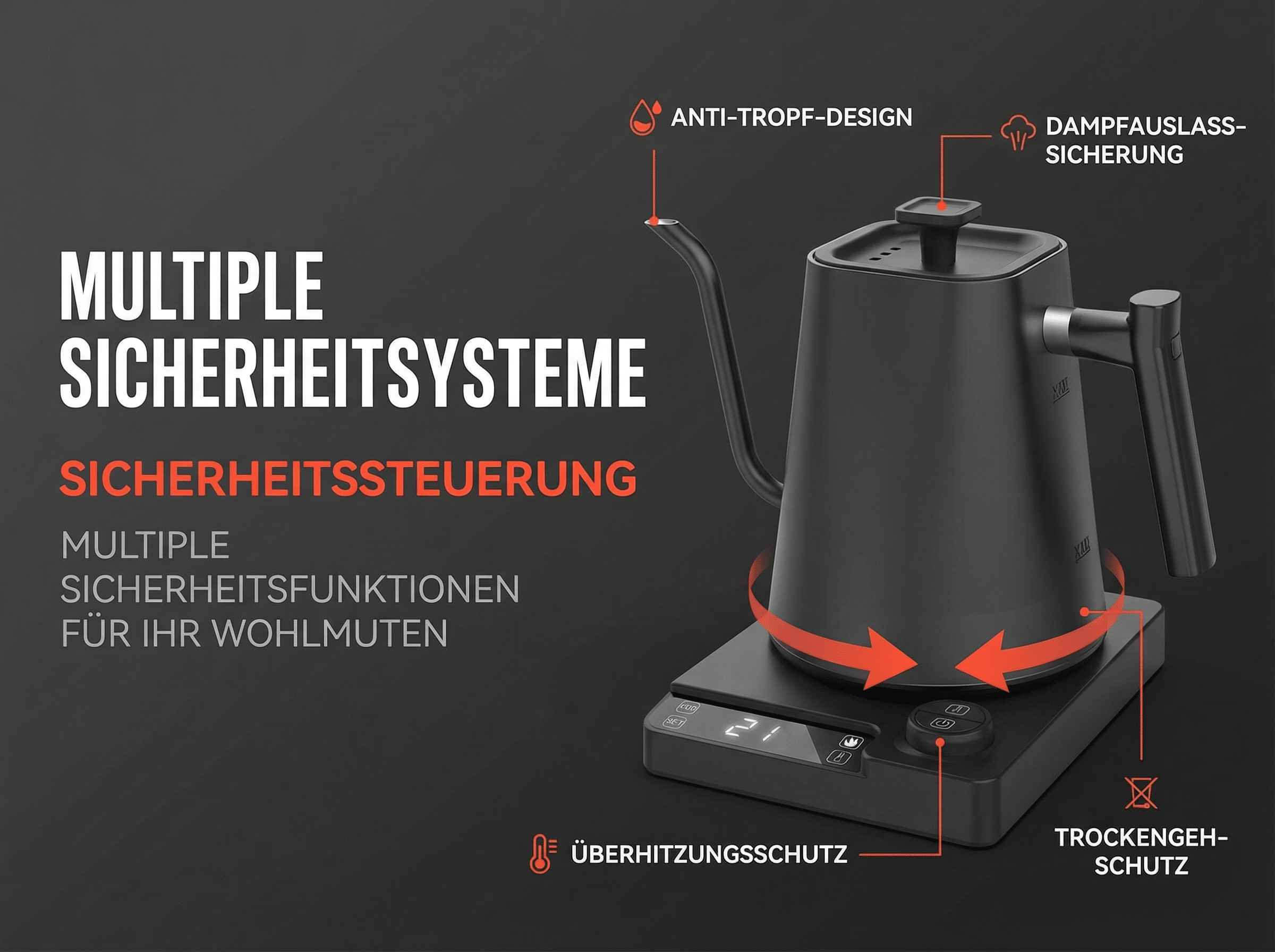 Schwarzer Wasserkocher auf Basis mit digitalen Anzeigen, Sicherheitsmerkmalen.