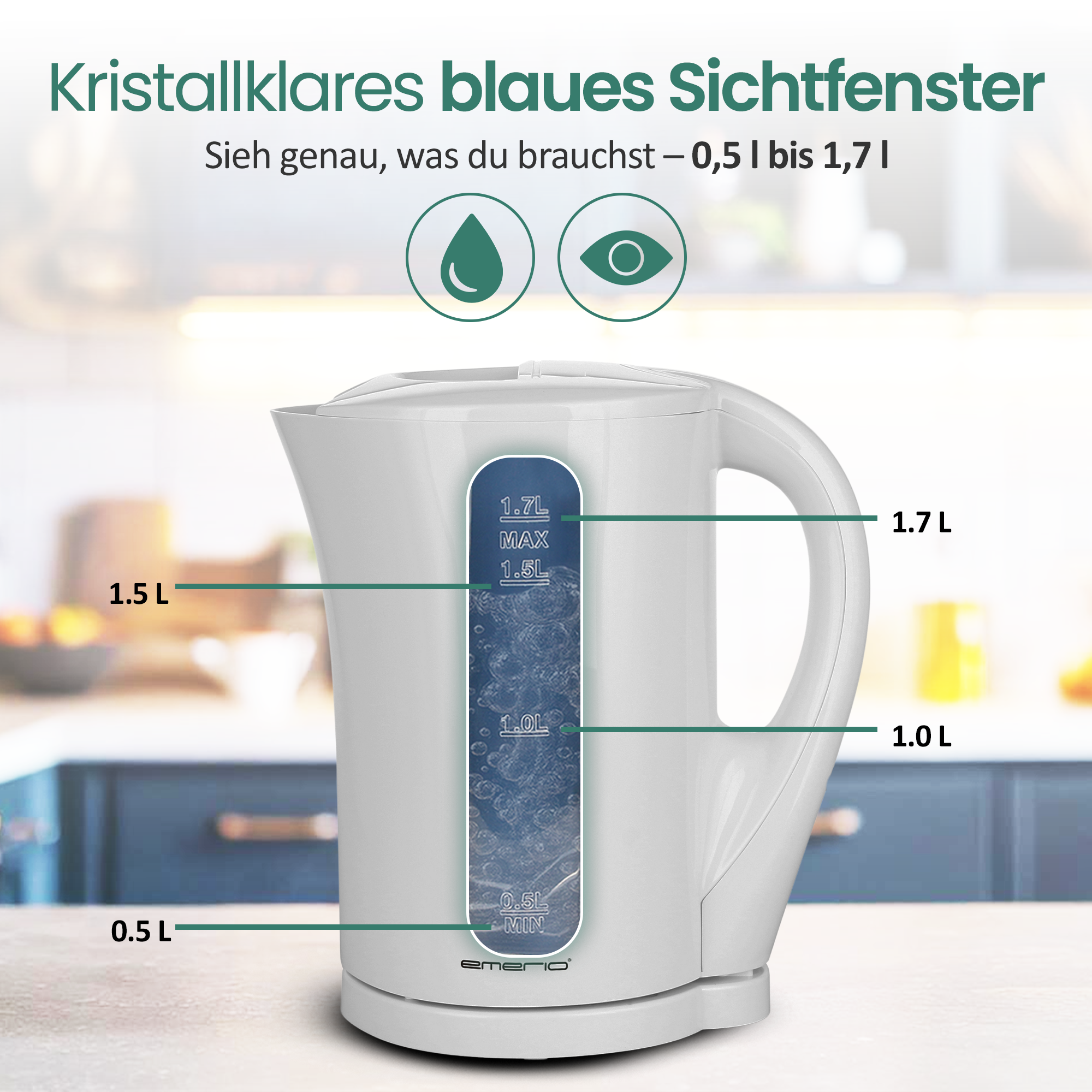 Ein weißer Wasserkocher mit einem Sichtfenster, das Wasserstände von 0,5 L bis 1,7 L anzeigt.