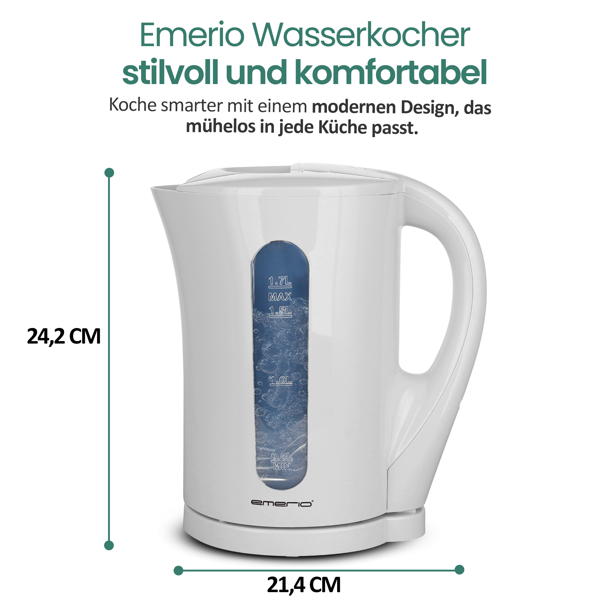 Ein weißer Emerio Wasserkocher mit Messanzeige und Griff. Maße: 24,2 x 21,4 cm.