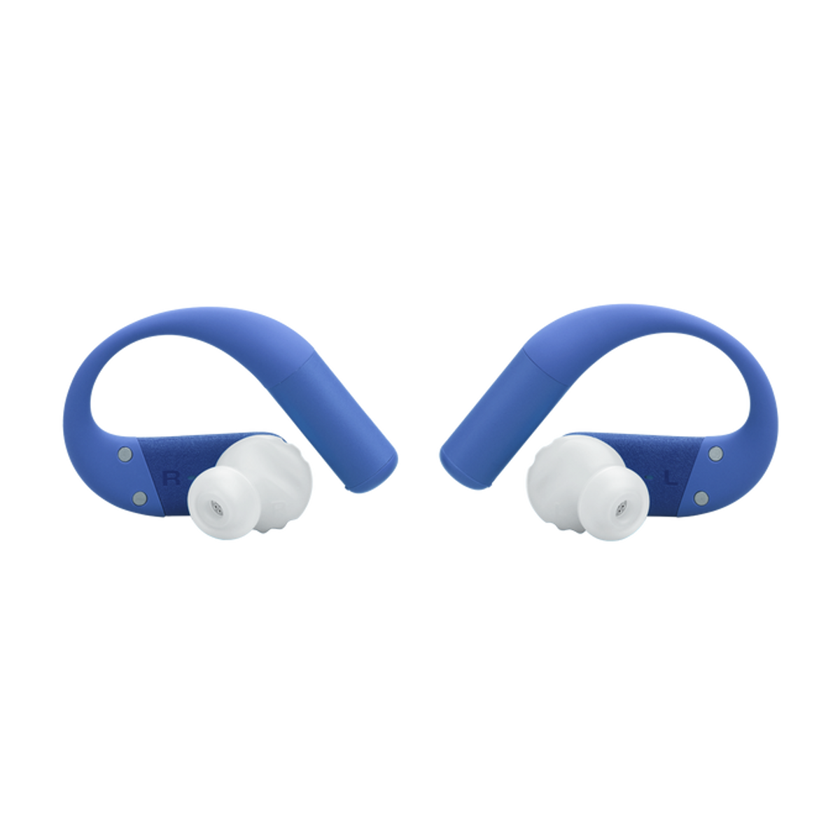 Dwa niebieskie słuchawki z białymi końcówkami i zaczepami.