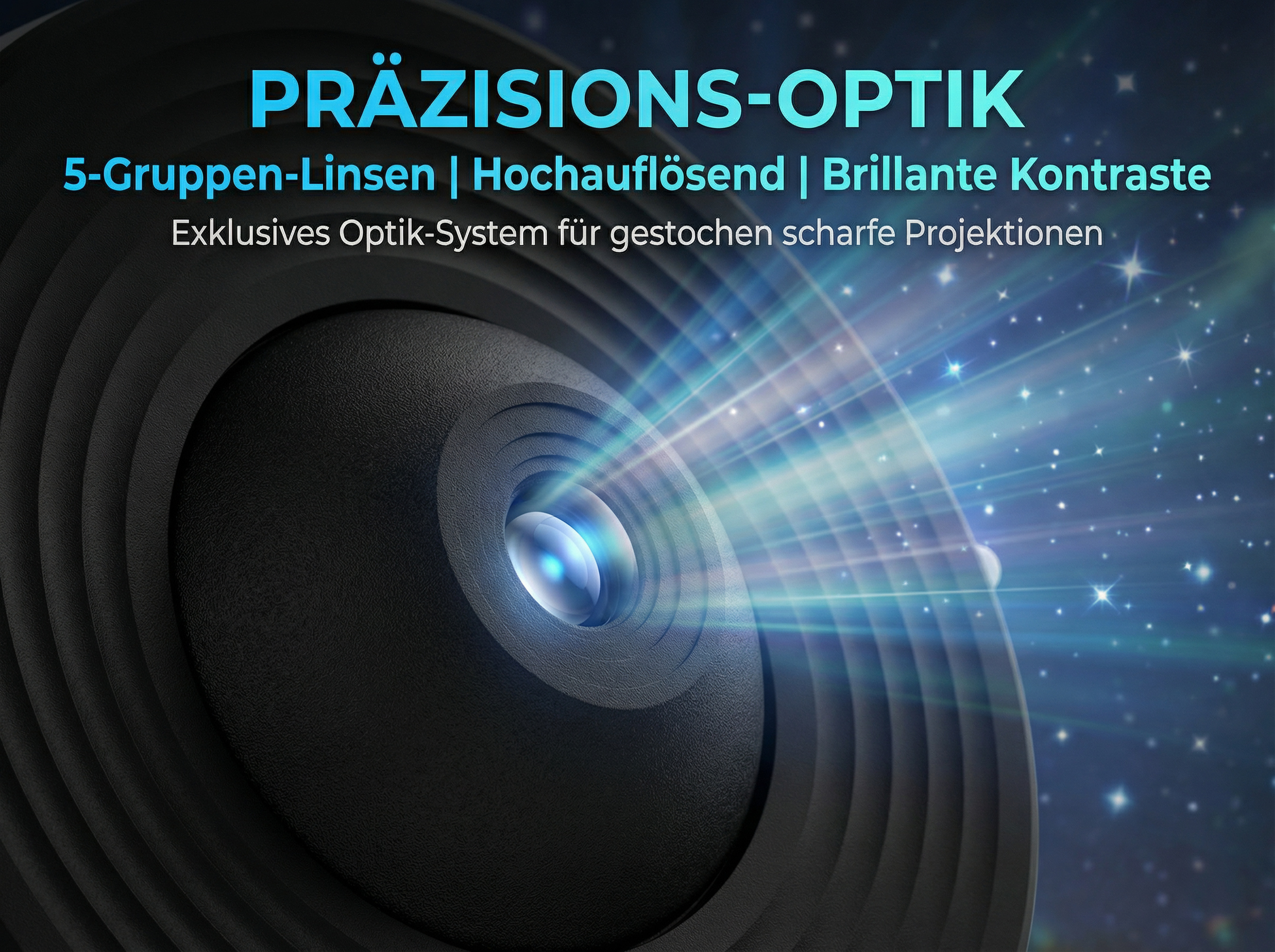 Nahaufnahme einer Kameralinse mit Lichtstrahlen und Sternenhintergrund.