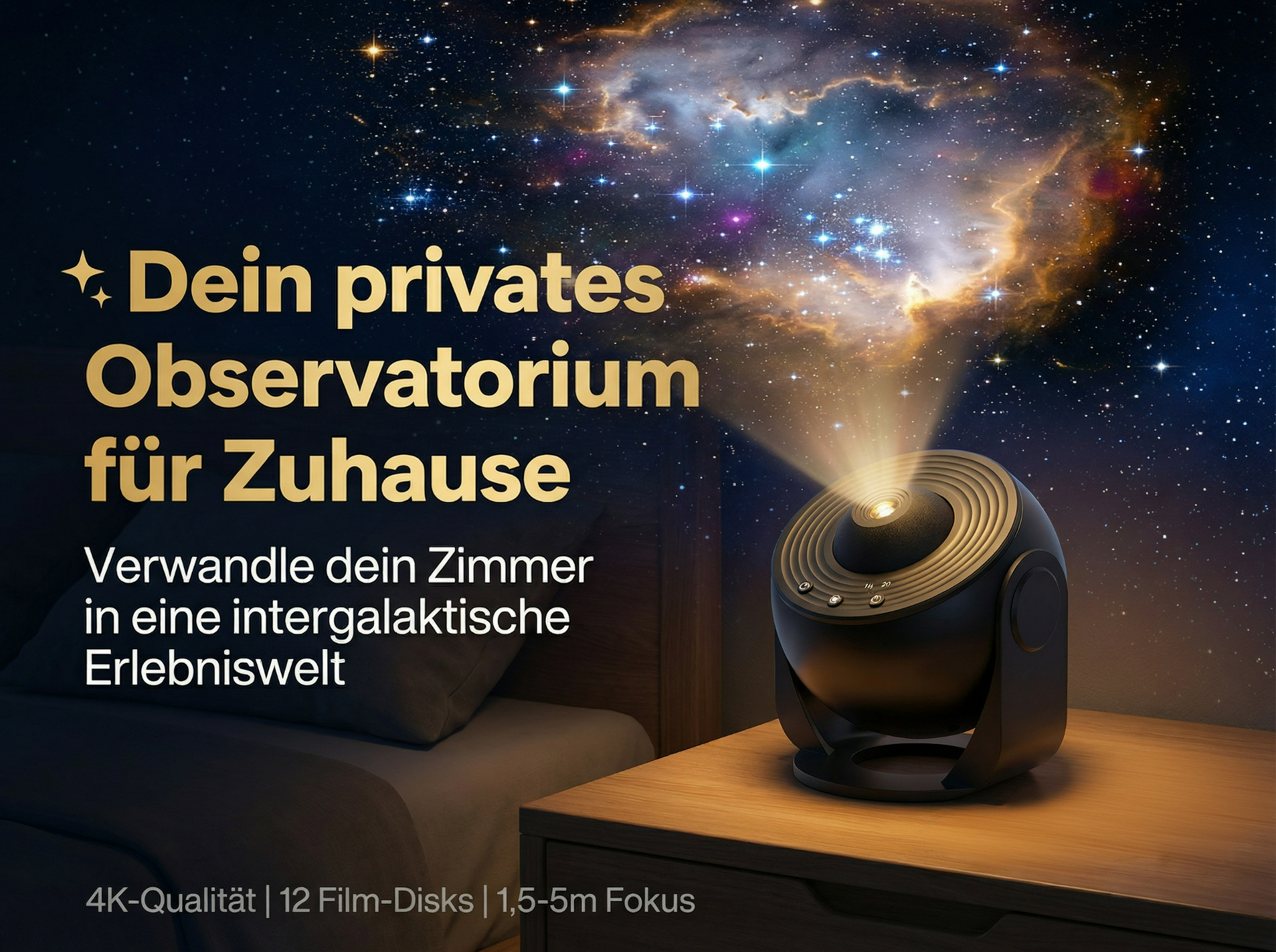 Sternenprojektor auf Nachttisch wirft Sternenhimmel an die Wand.