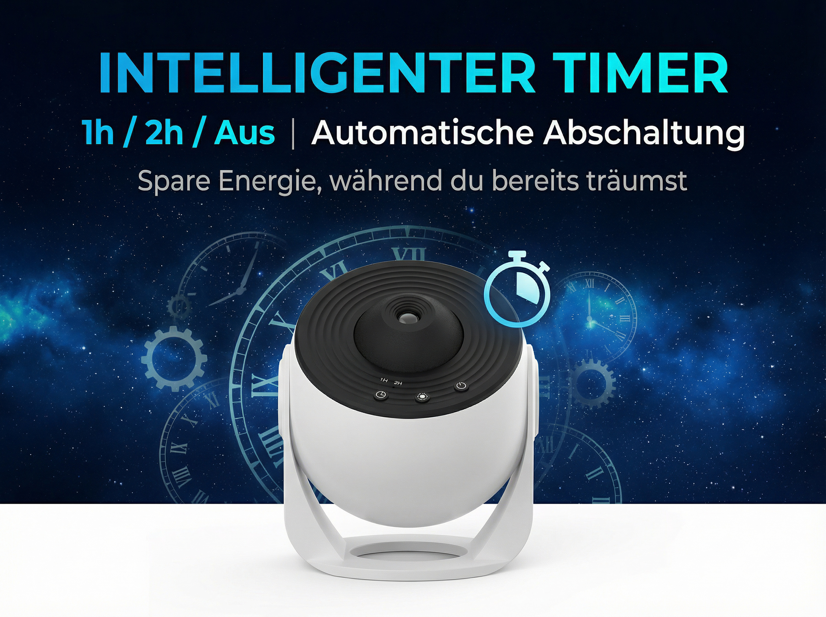 Ein intelligenter Timer mit 1h/2h/Aus und Abschaltautomatik.