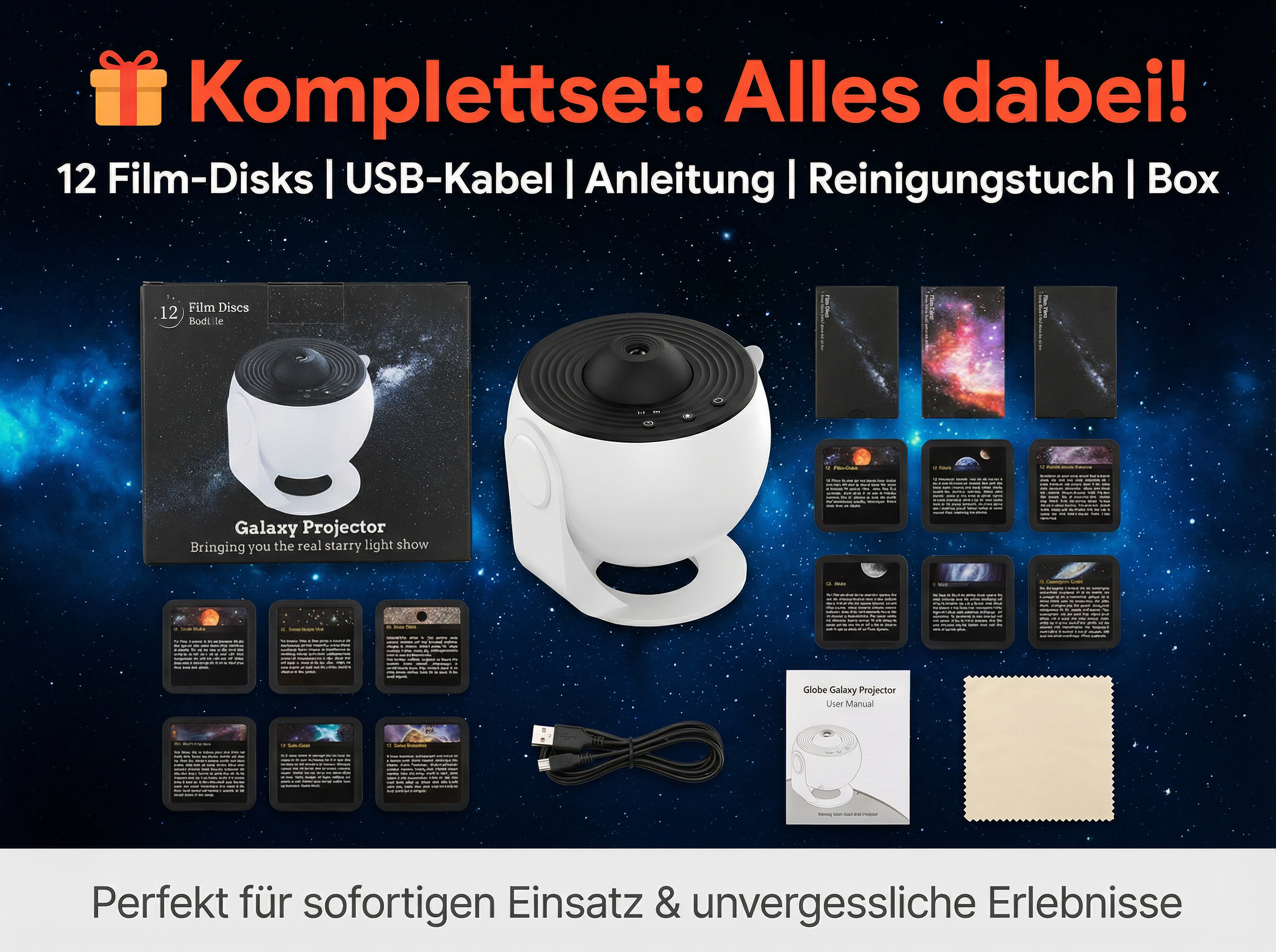 Ein Galaxy Projektor-Set mit 12 Film-Disks, USB-Kabel, Anleitung und Tuch.