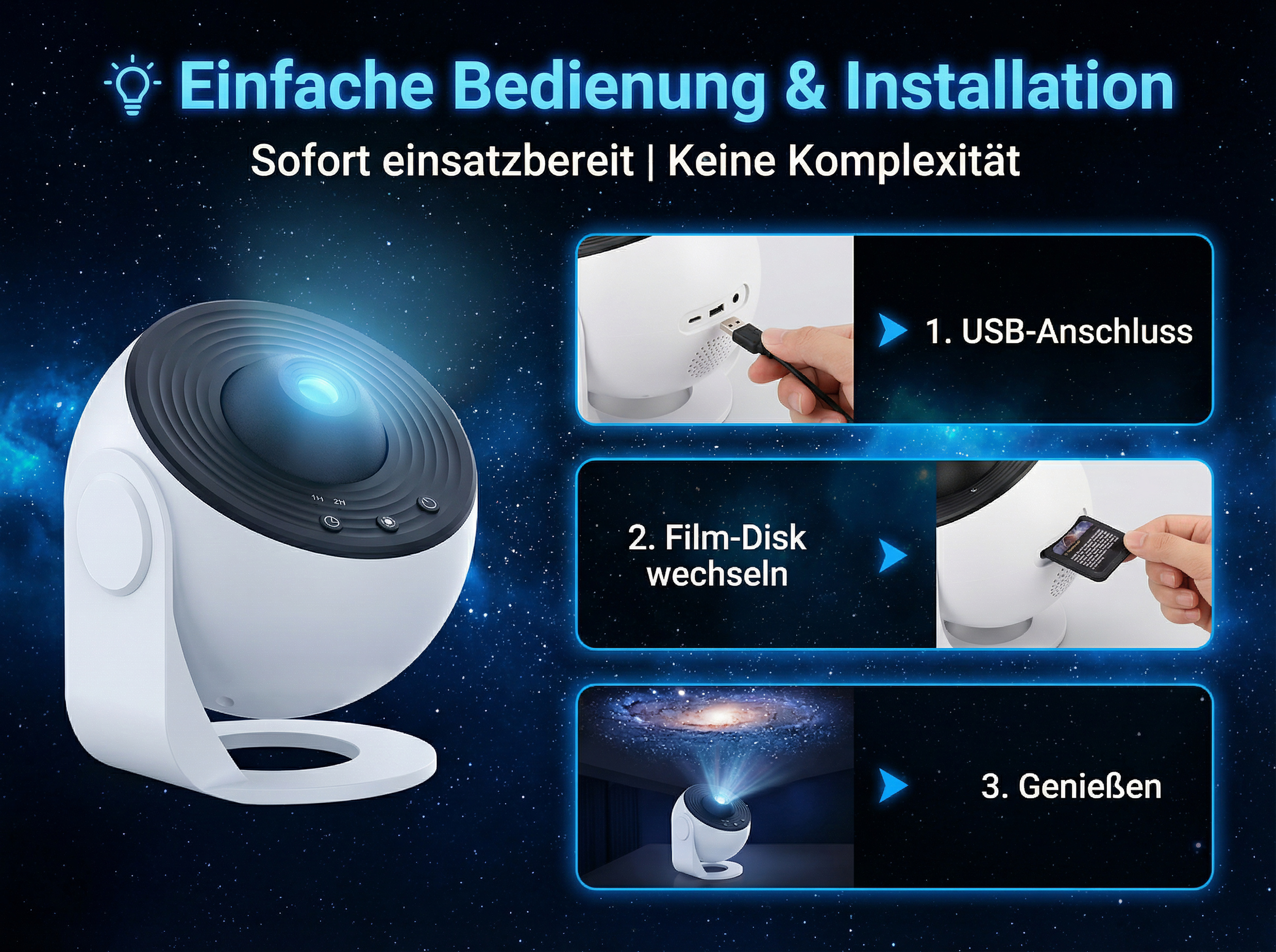 Sternenprojektor: Einfache Bedienung mit USB-Anschluss, Filmwechsel und Genuss.