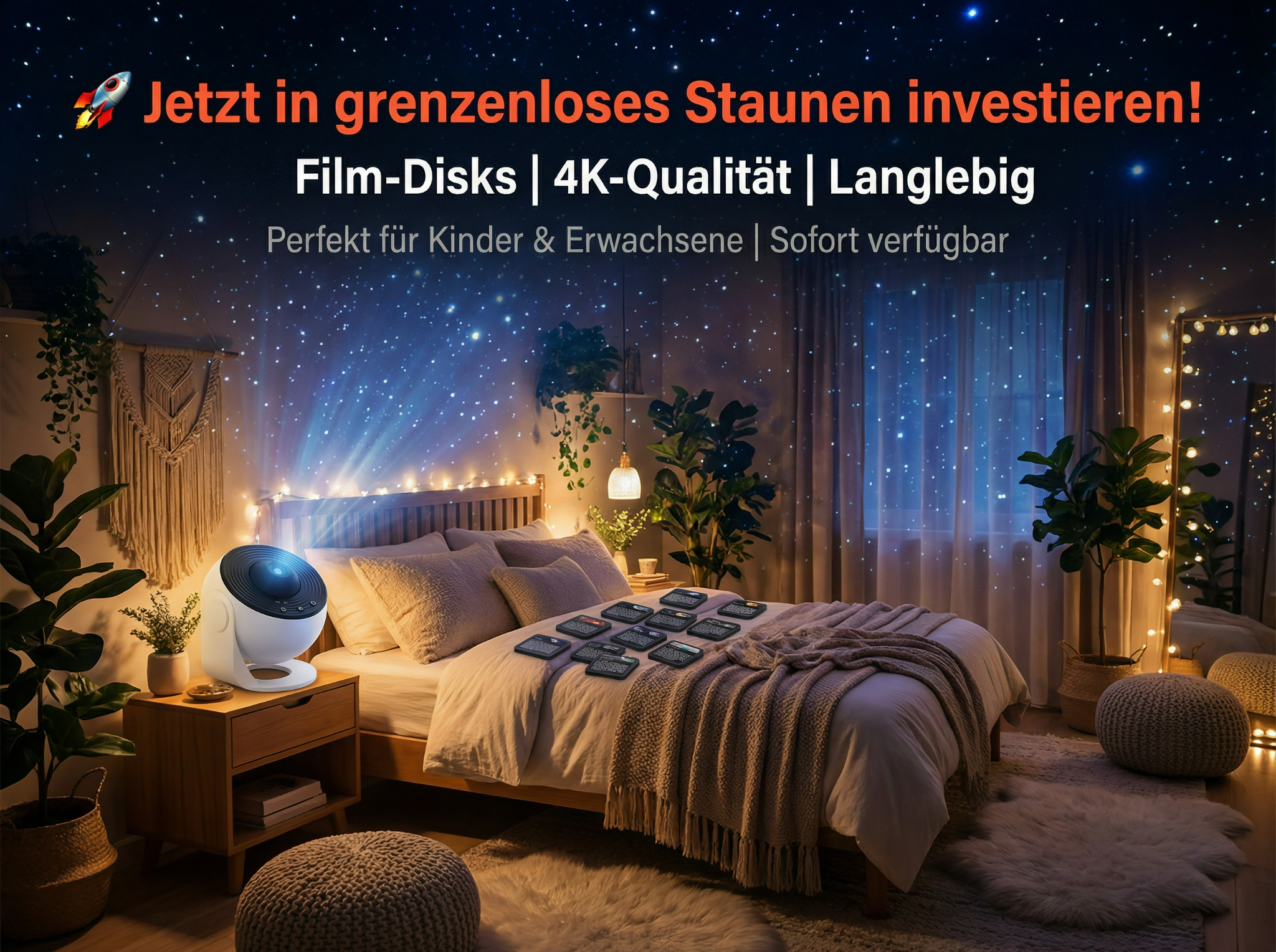 Ein Sternenprojektor beleuchtet ein Schlafzimmer mit einem Bett, auf dem Disks liegen.