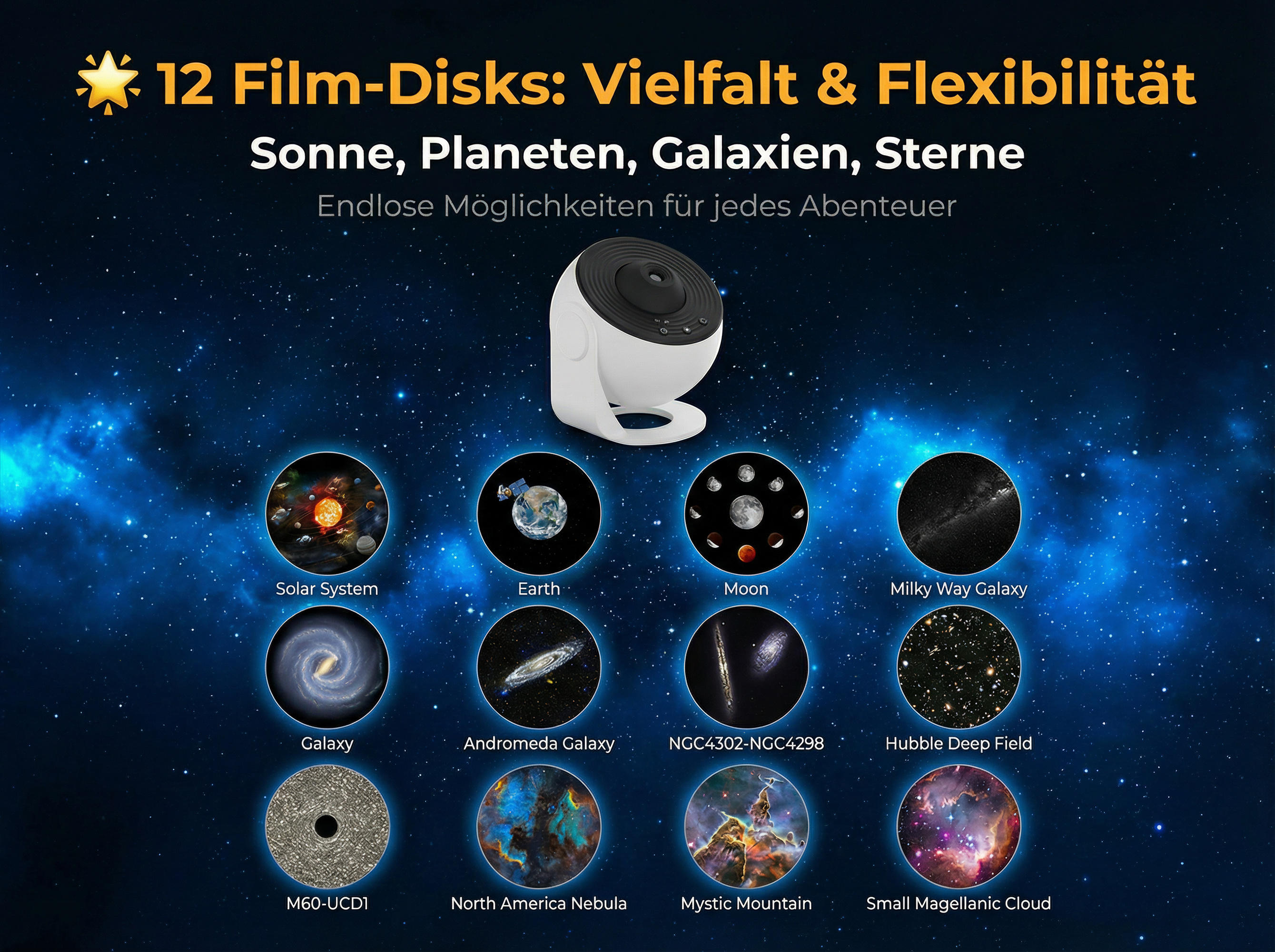Sternenprojektor mit 12 Film-Disks: Sonne, Erde, Galaxien, Nebel.