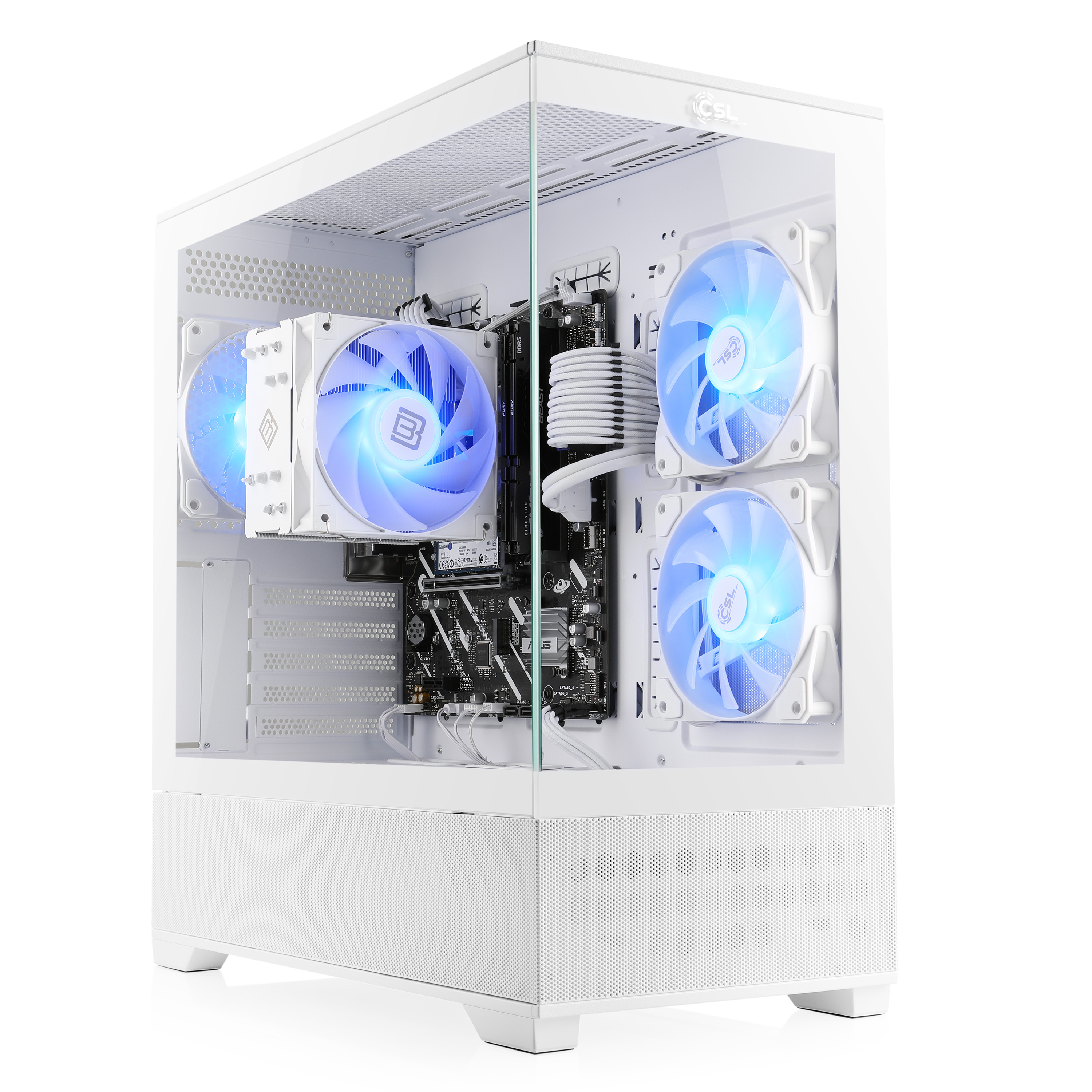 Ein weißes Computergehäuse mit blauen Lüftern und sichtbaren Komponenten.