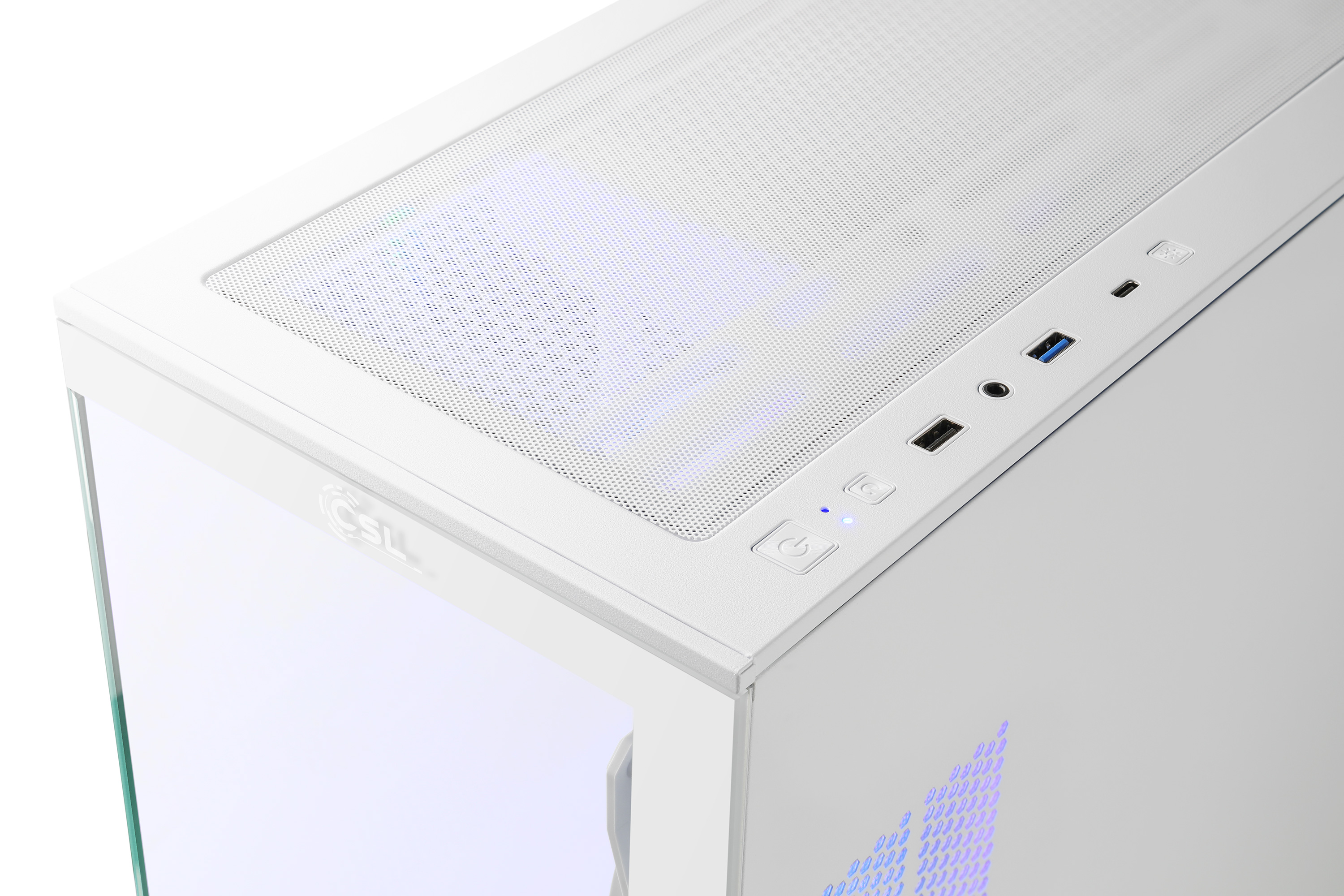 Ein weißes Computergehäuse mit Glasfront, USB-Anschlüssen und Netzschaltern.