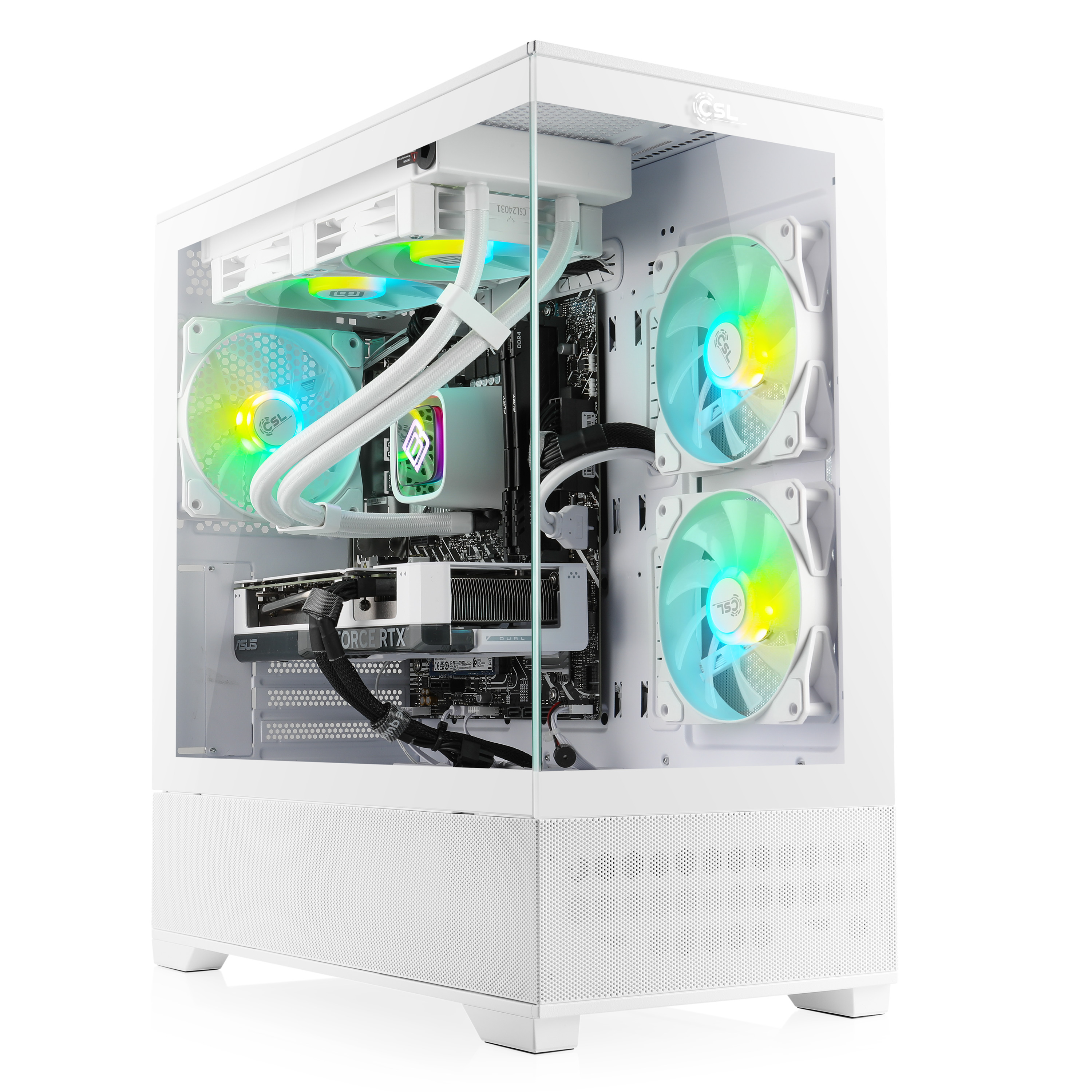 Weißer PC-Turm mit RGB-Lüftern und Wasserkühlung, mit Glasfenster.