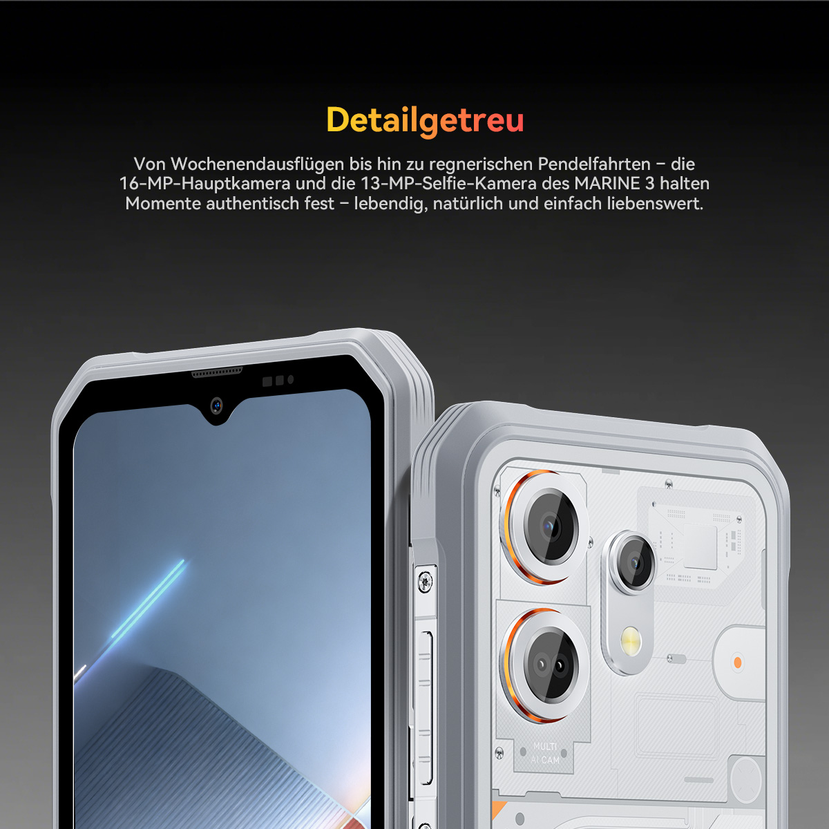 Zwei robuste Smartphones in Nahaufnahme, eines zeigt den Bildschirm, das andere die Kameras.