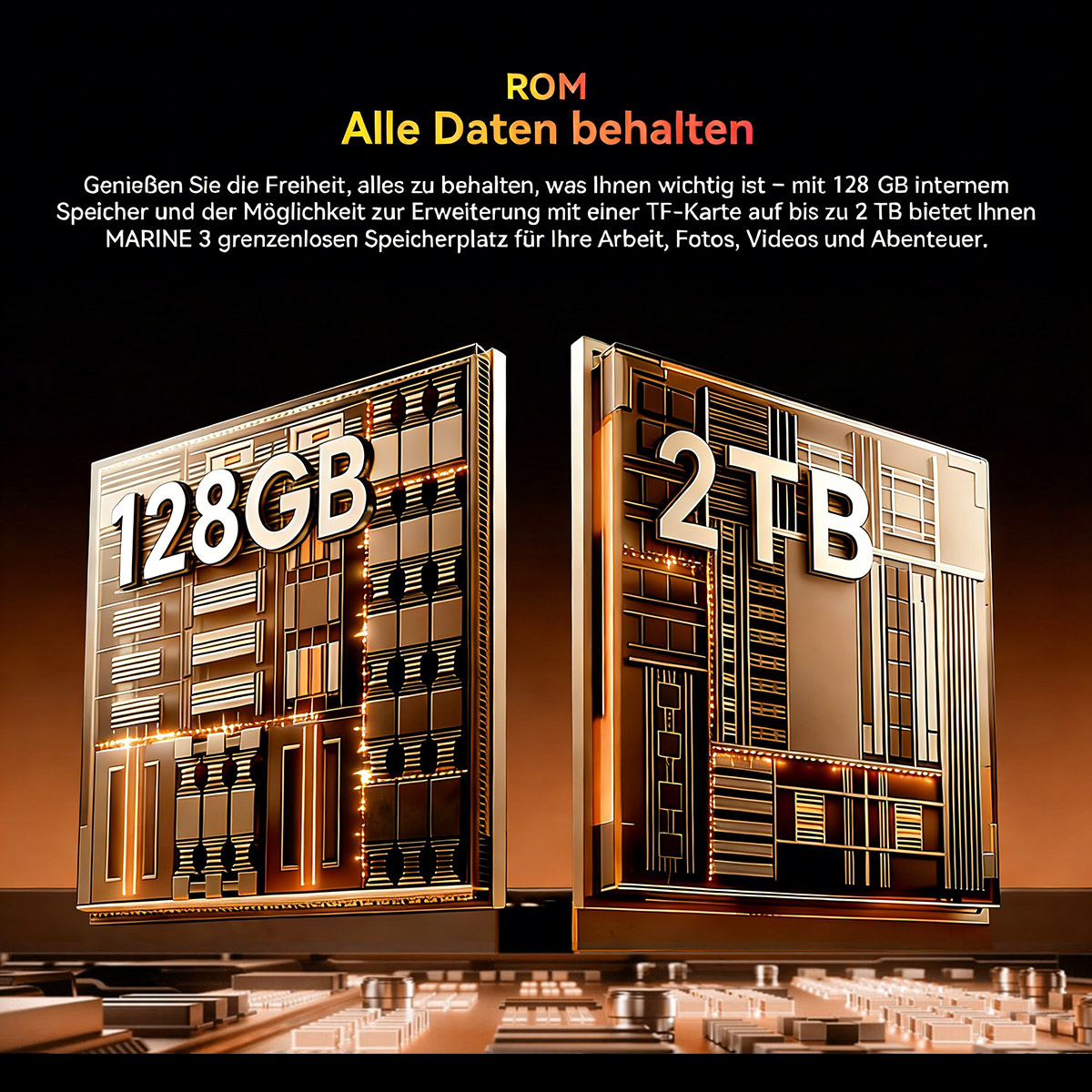 Zwei digitale Speicherblöcke, einer mit 128 GB und einer mit 2 TB.
