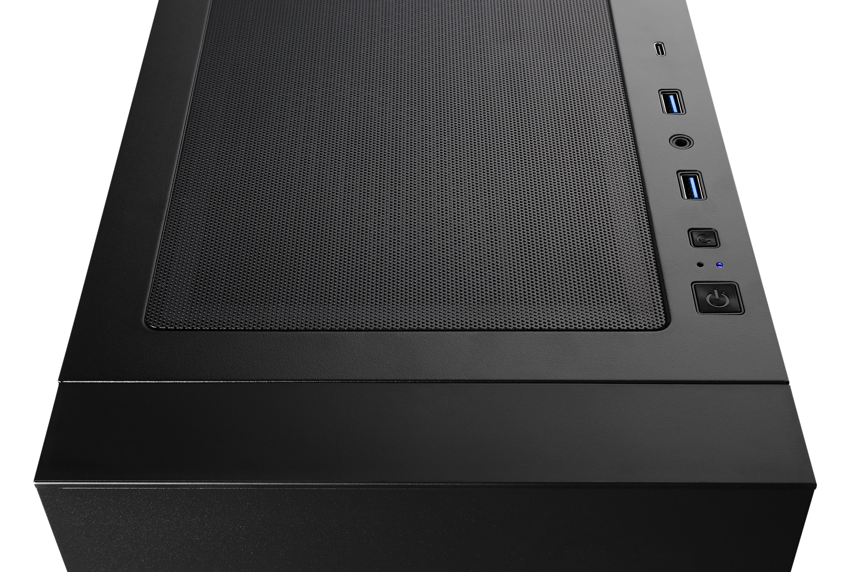 Schwarzes Computergehäuse mit Lüftungsgitter und Anschlüssen oben.