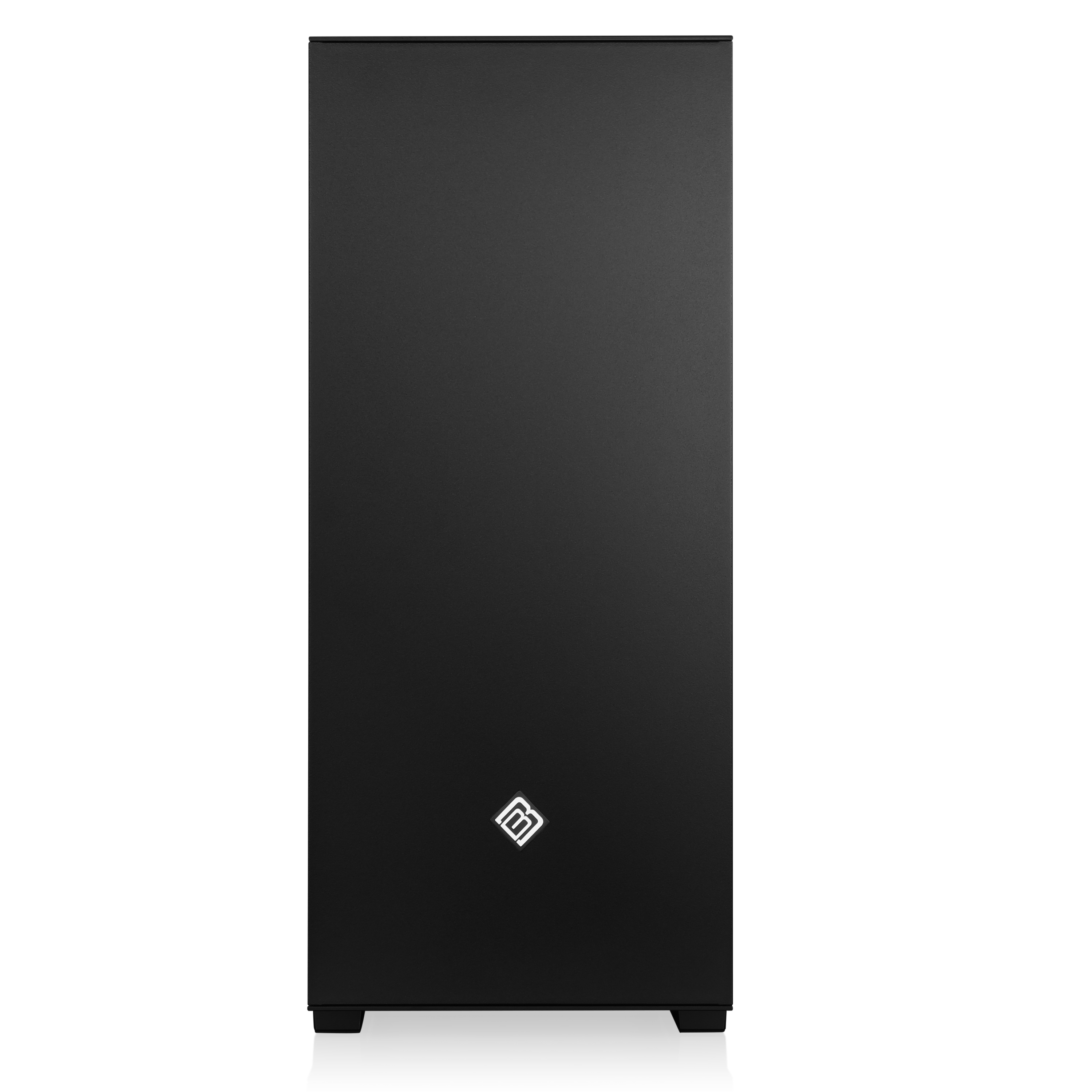 Schwarzes PC-Gehäuse mit einem weißen Logo auf der Vorderseite.