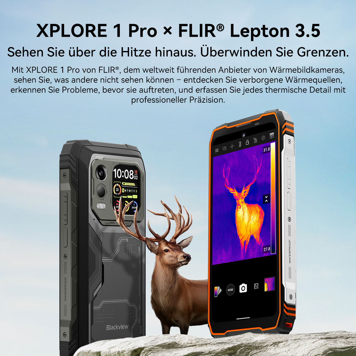 Ein robustes Smartphone mit Wärmebildkamera zeigt einen Hirsch. Daneben ein weiteres Smartphone.