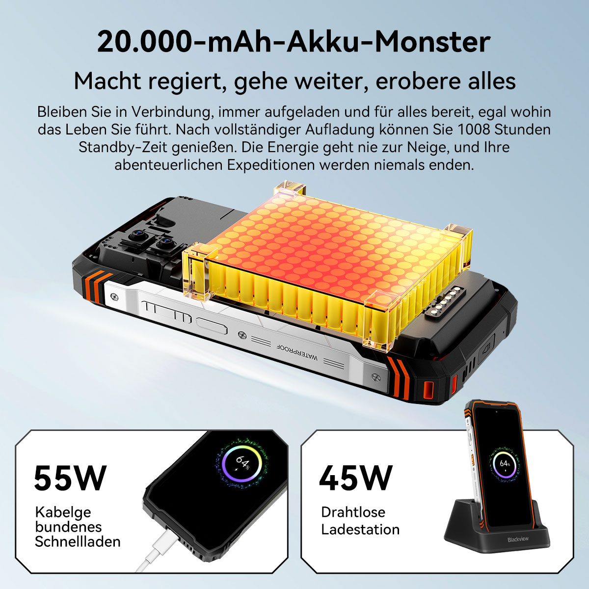 Robustes Smartphone mit riesigem Akku und Ladeoptionen: 55W Kabel, 45W kabellos.