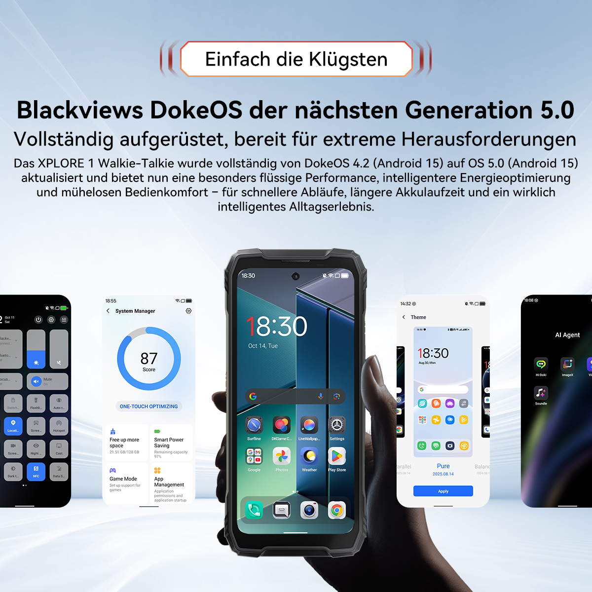 Mehrere Blackview-Smartphones zeigen DokeOS 5.0 mit verschiedenen Apps und dem Systemmanager.