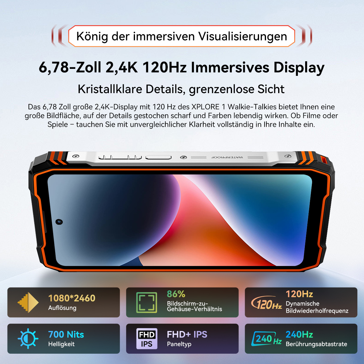 Ein Smartphone mit 6,78-Zoll-Display, 120Hz, 1080x2460 Auflösung, 700 Nits.