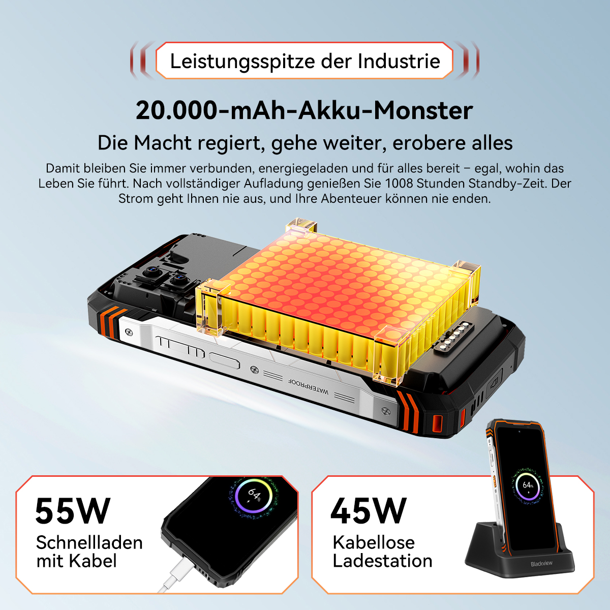 Robustes Smartphone mit 20.000-mAh-Akku, zeigt Kabel- und kabelloses Laden.