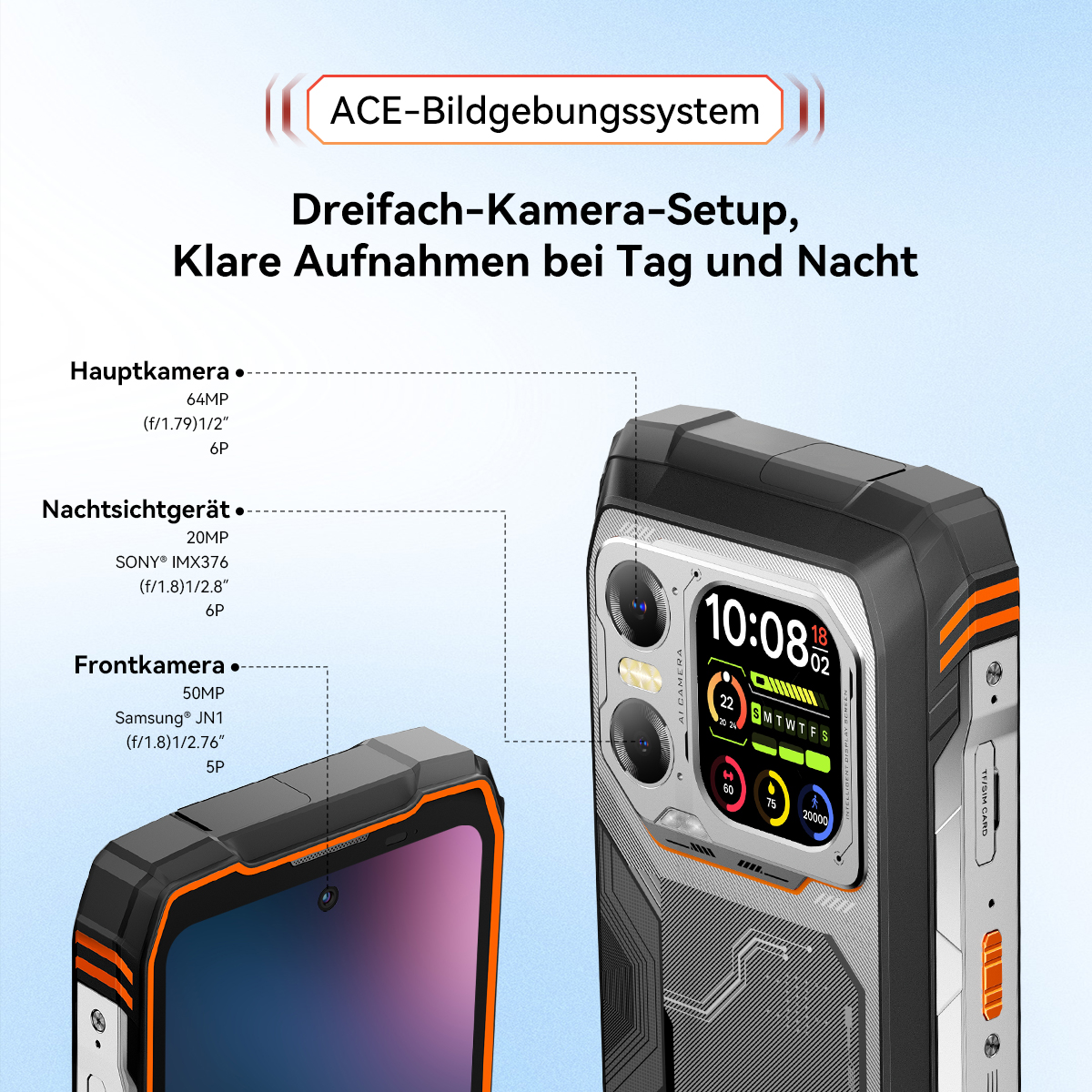 Ein Smartphone mit Dreifach-Kamera-Setup, Nachtsicht und Details.